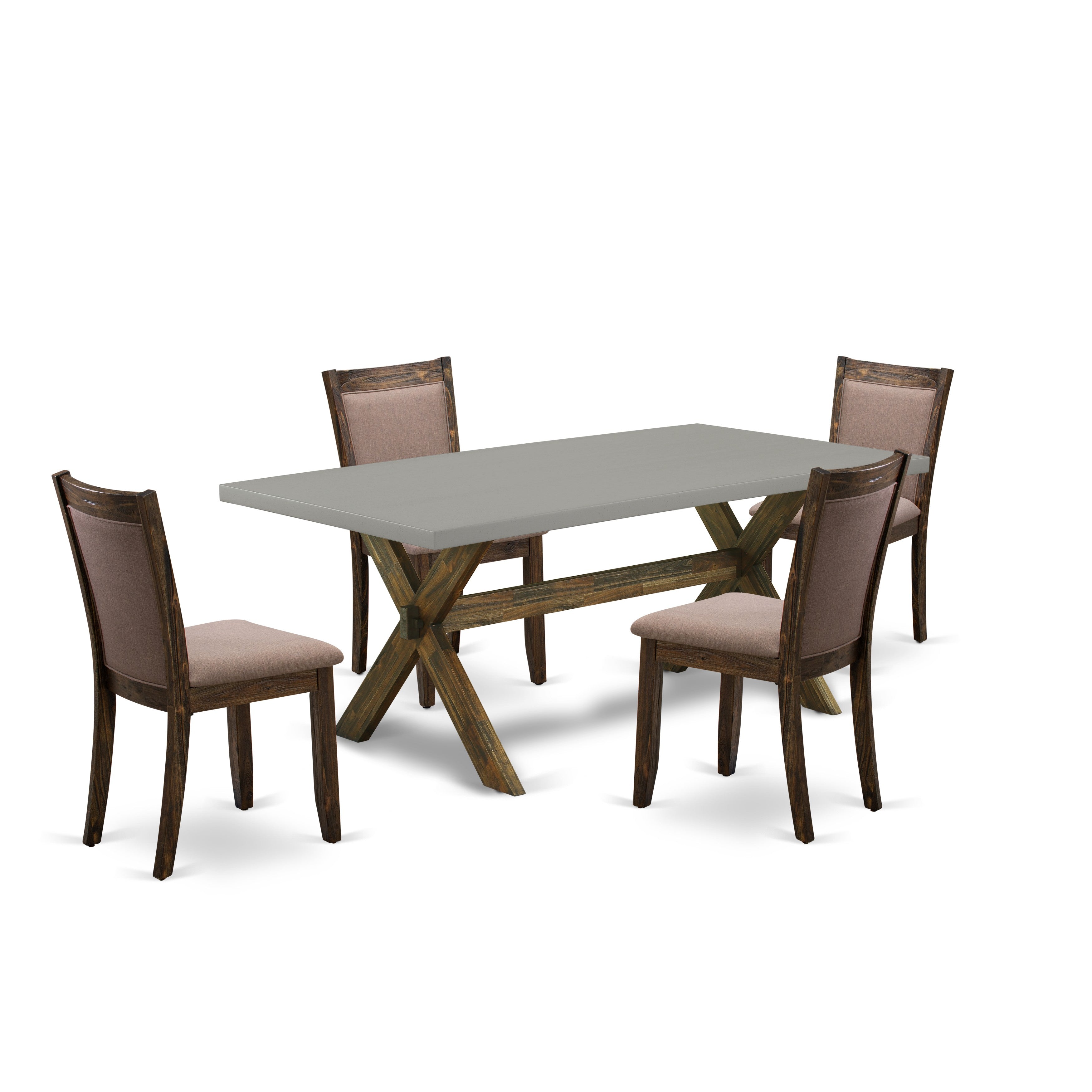 East West Furniture X797MZ748-5 5 Piece Innovative Dinning Room Set - A Cement Top Wooden Dining Table with Trestle Base and 4 Coffee Linen Fabric Rustic Dining Chairs - Distressed Jacobean Finish
