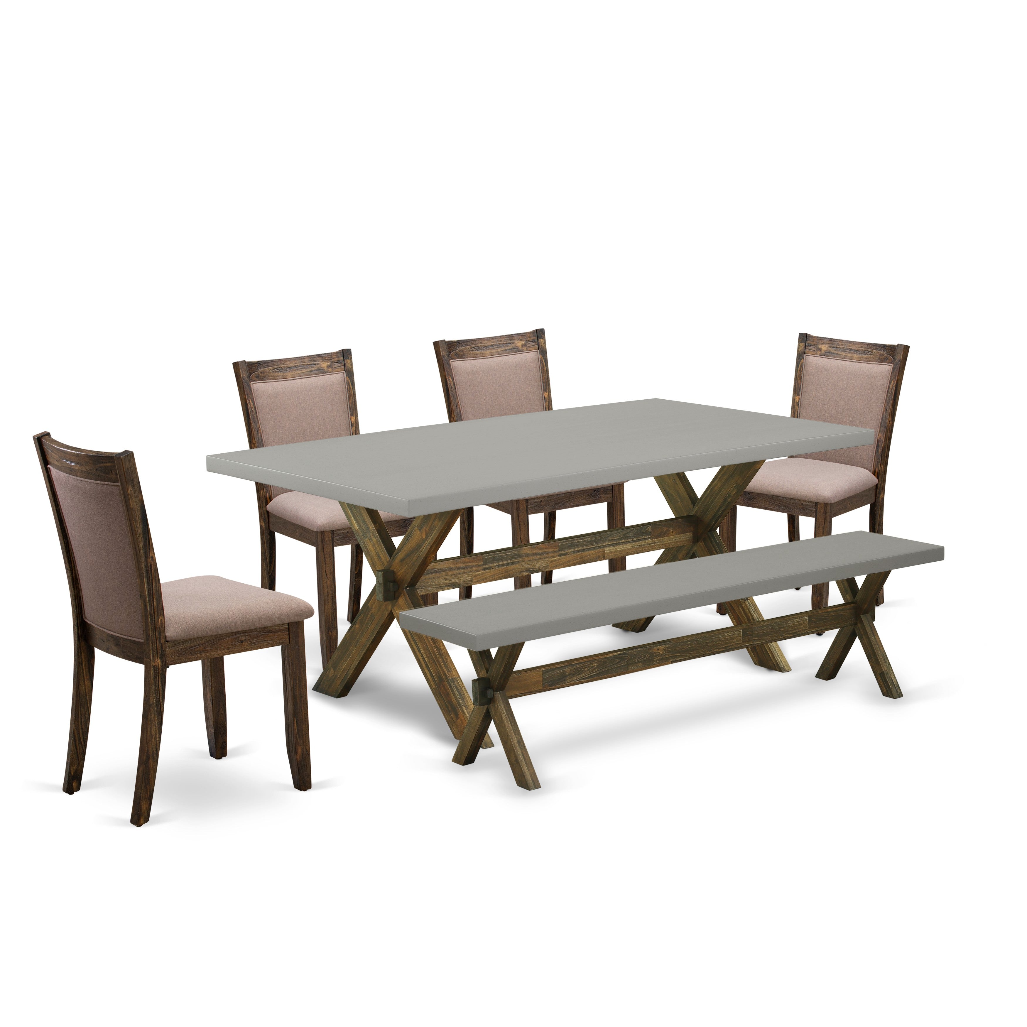 East West Furniture X797MZ748-6 6 Piece Modern Dining Table Set- A Cement Top Kitchen Table in Trestle Base with Small Wood Bench and 4 Coffee Linen Fabric Dining Chairs - Distressed Jacobean Finish