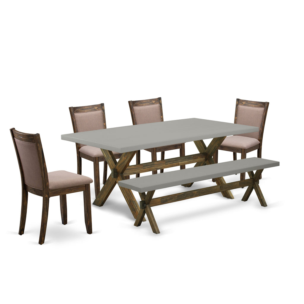 East West Furniture X797MZ748-6 6 Piece Dinette Set Contains a Rectangle Dining Table with X-Legs and 4 Coffee Linen Fabric Parson Chairs with a Bench, 40x72 Inch, Multi-Color