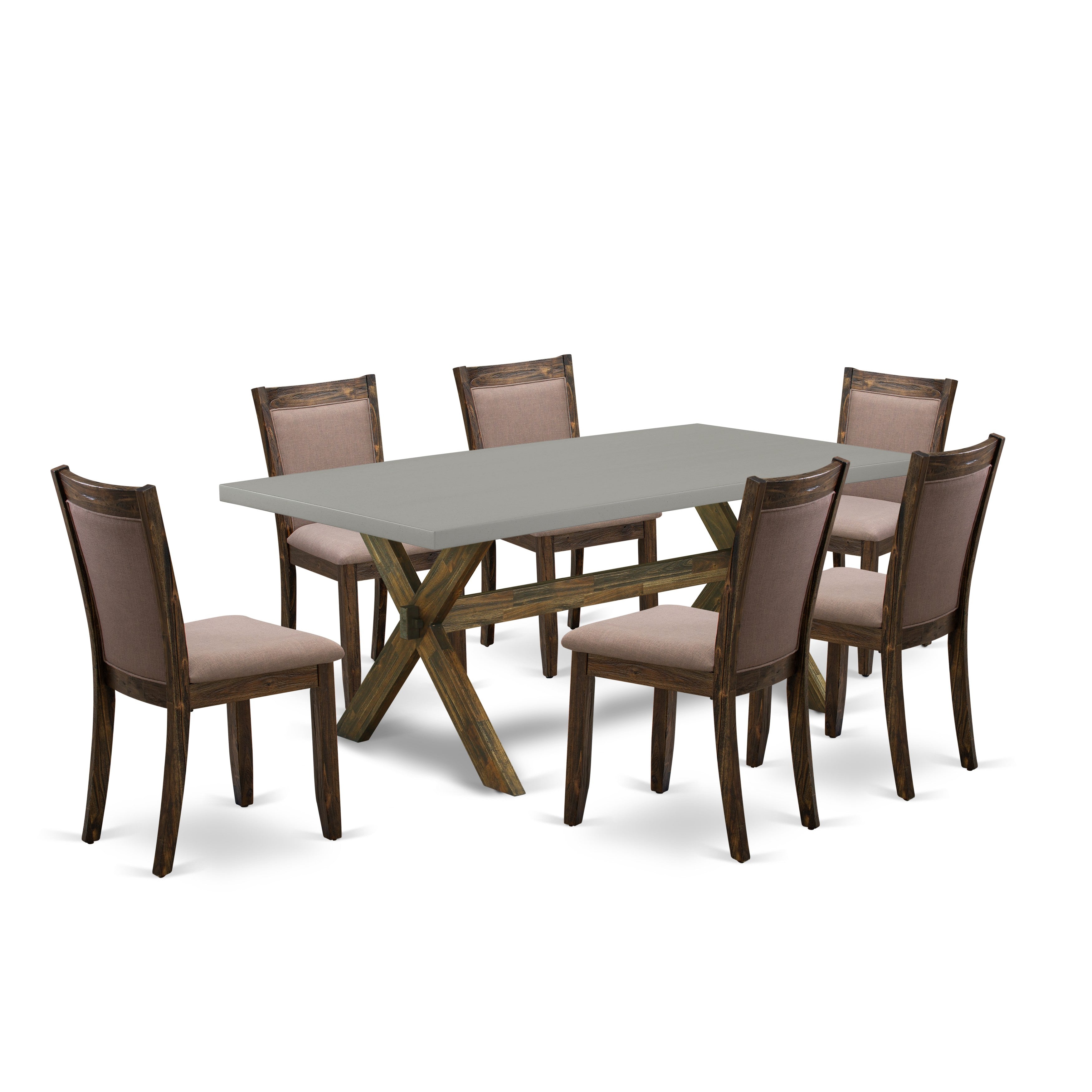 East West Furniture X797MZ748-7 7 Piece Modern Dinner Table Set - A Cement Top Dining Room Table with Trestle Base and 6 Coffee Linen Fabric Mid Century Dining Chairs - Distressed Jacobean Finish
