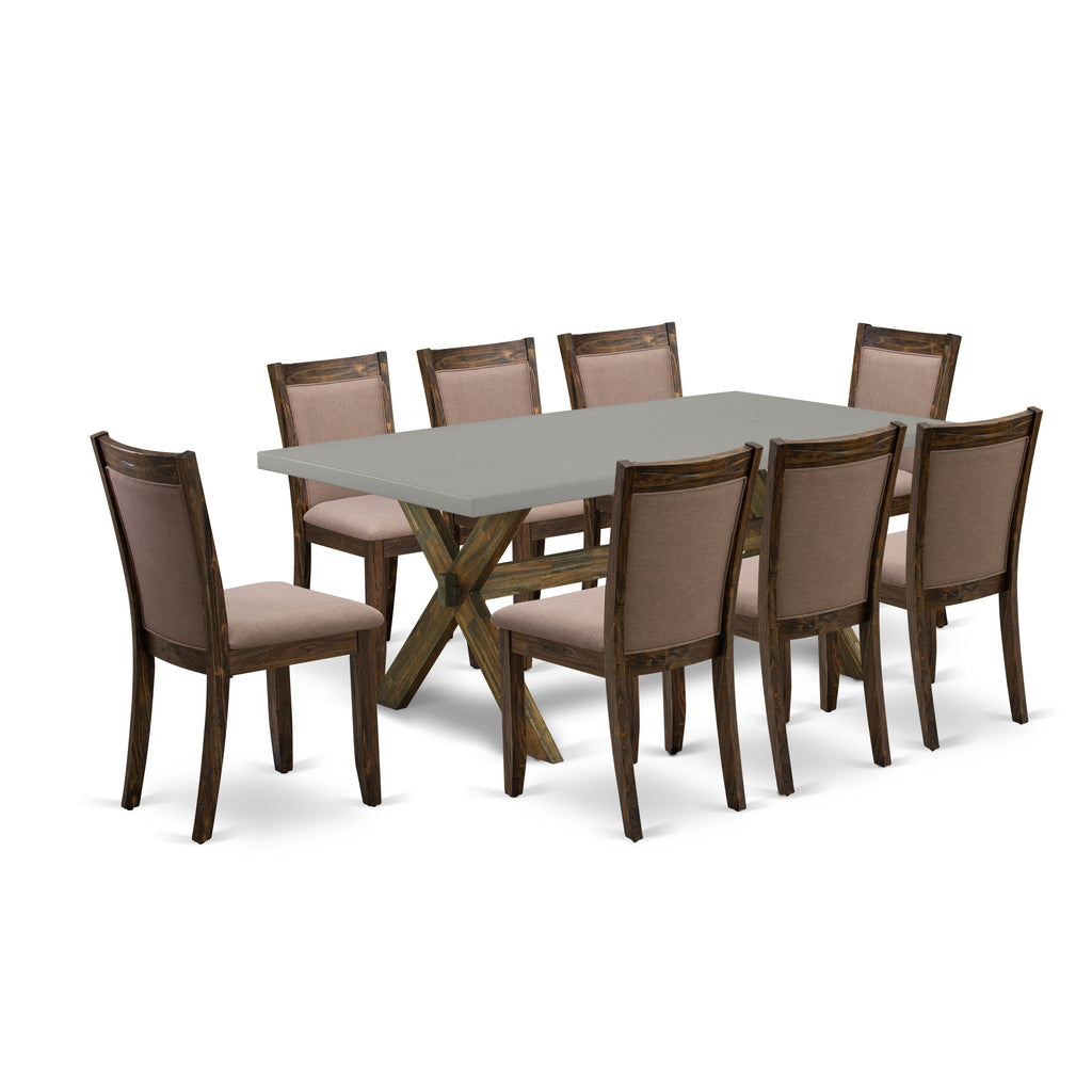 Juego de mesa de comedor de 9 piezas East West Furniture X797MZ748-9. Incluye una mesa de cocina rectangular con patas en forma de X y 8 sillas de comedor Parson de tela de lino color café.
