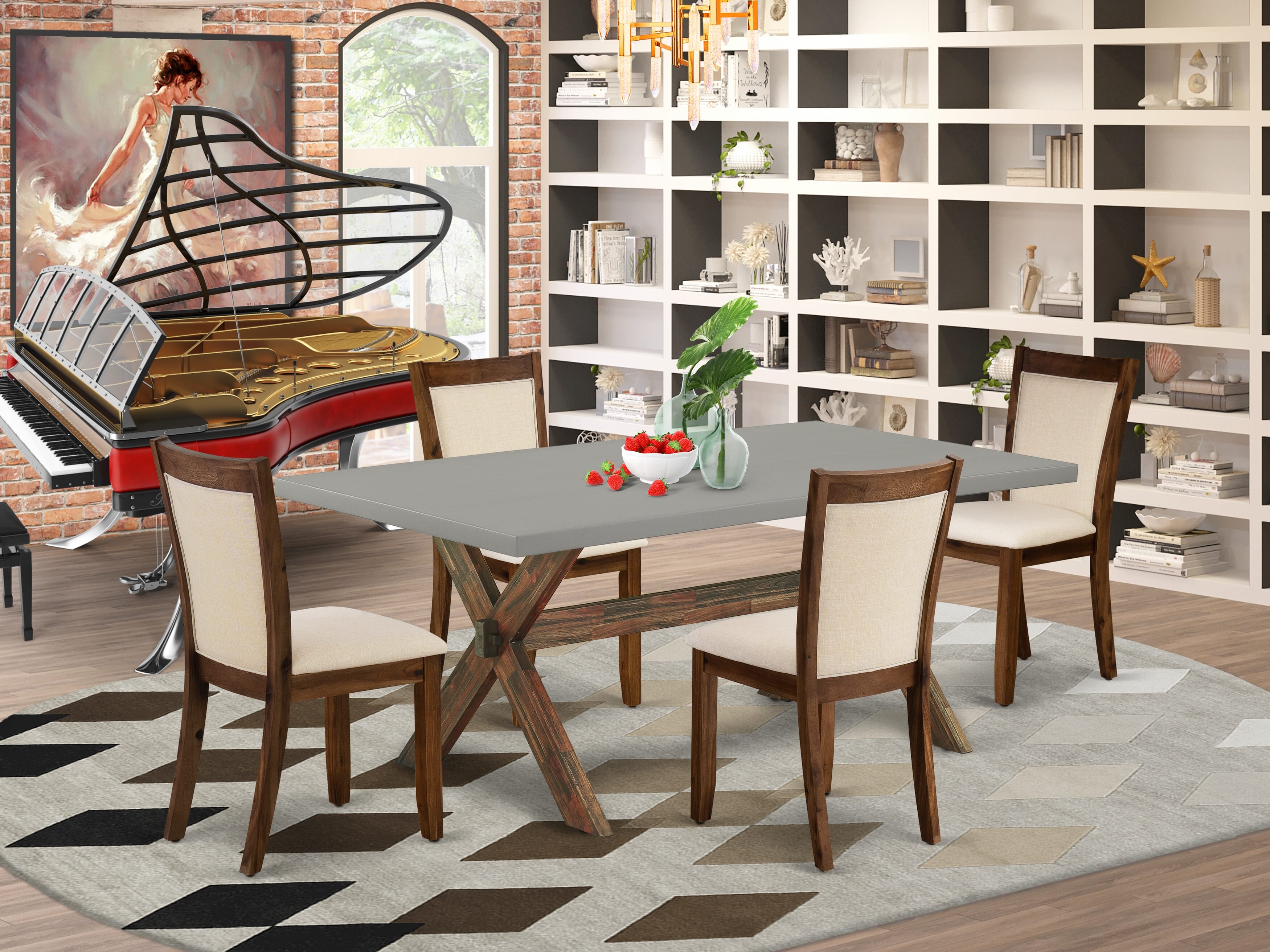 East West Furniture X797MZN32-5 5-Pc Dinner Table Set Consists of a Wood Dining Table and 4 Light Beige Linen Fabric Upholstered Dining Chairs with Stylish Back - Distressed Jacobean Finish