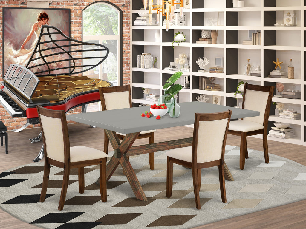 East West Furniture X797MZN32-5 5-Pc Dinner Table Set Consists of a Wood Dining Table and 4 Light Beige Linen Fabric Upholstered Dining Chairs with Stylish Back - Distressed Jacobean Finish