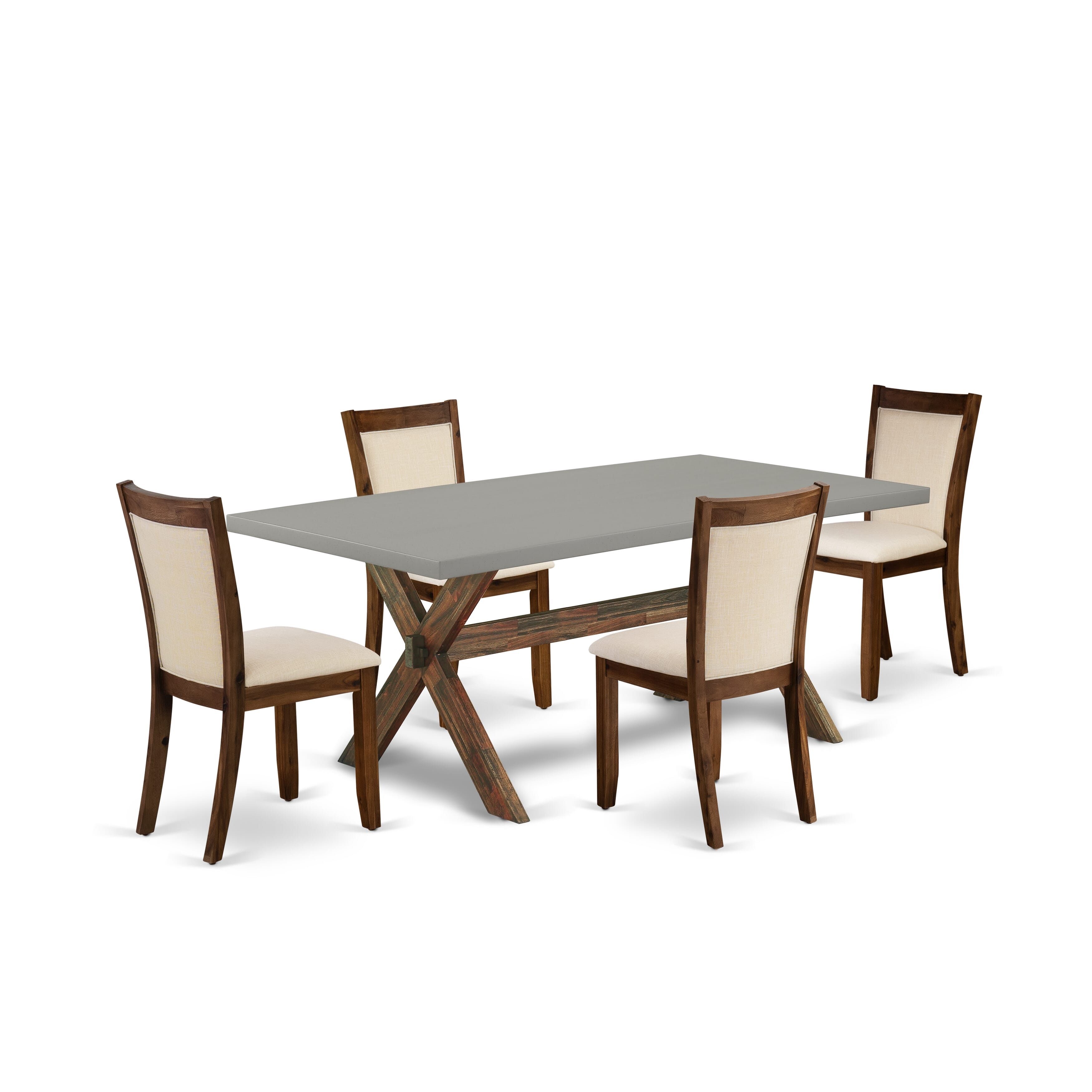 East West Furniture X797MZN32-5 5-Pc Dinner Table Set Consists of a Wood Dining Table and 4 Light Beige Linen Fabric Upholstered Dining Chairs with Stylish Back - Distressed Jacobean Finish