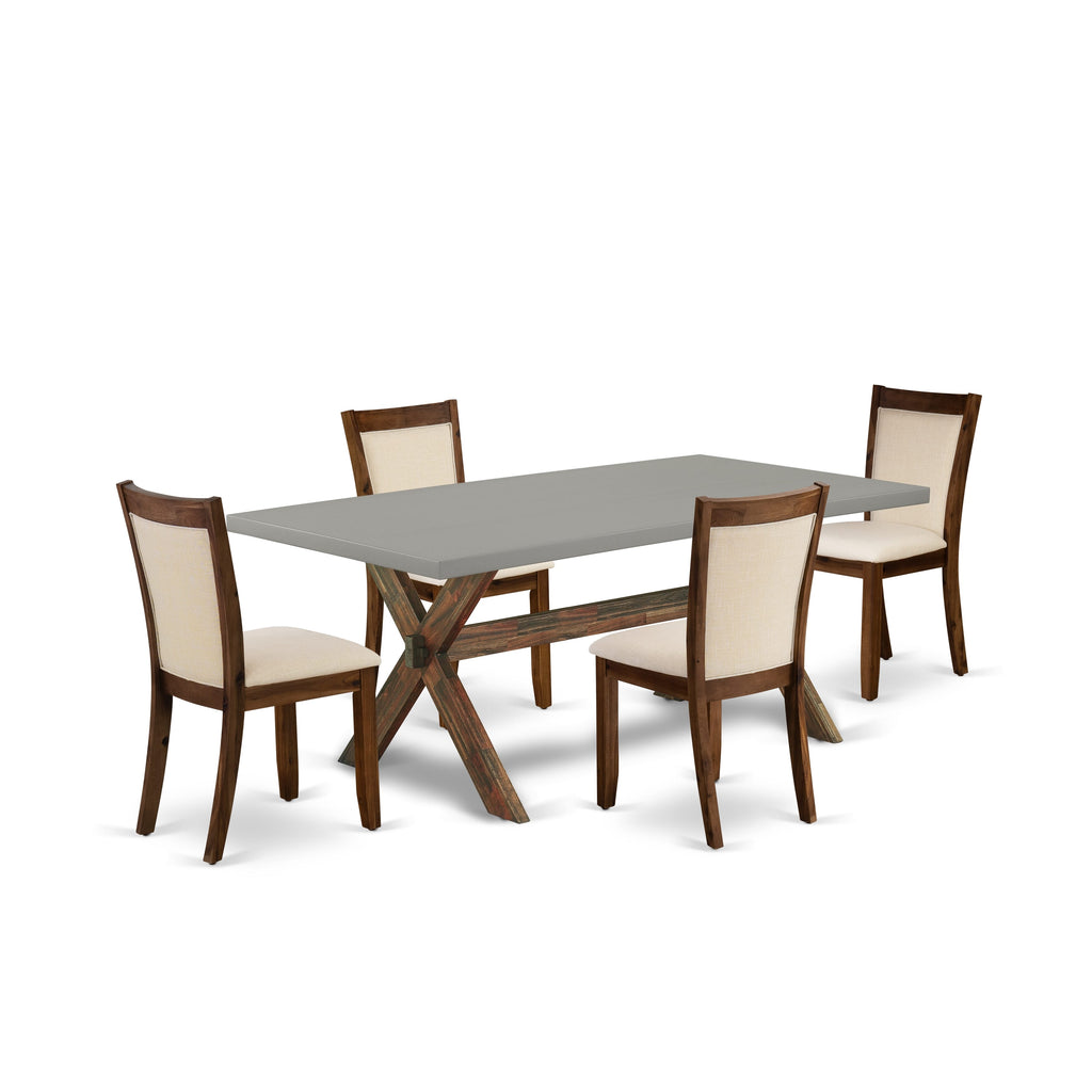 East West Furniture X797MZN32-5 5-Pc Dinner Table Set Consists of a Wood Dining Table and 4 Light Beige Linen Fabric Upholstered Dining Chairs with Stylish Back - Distressed Jacobean Finish