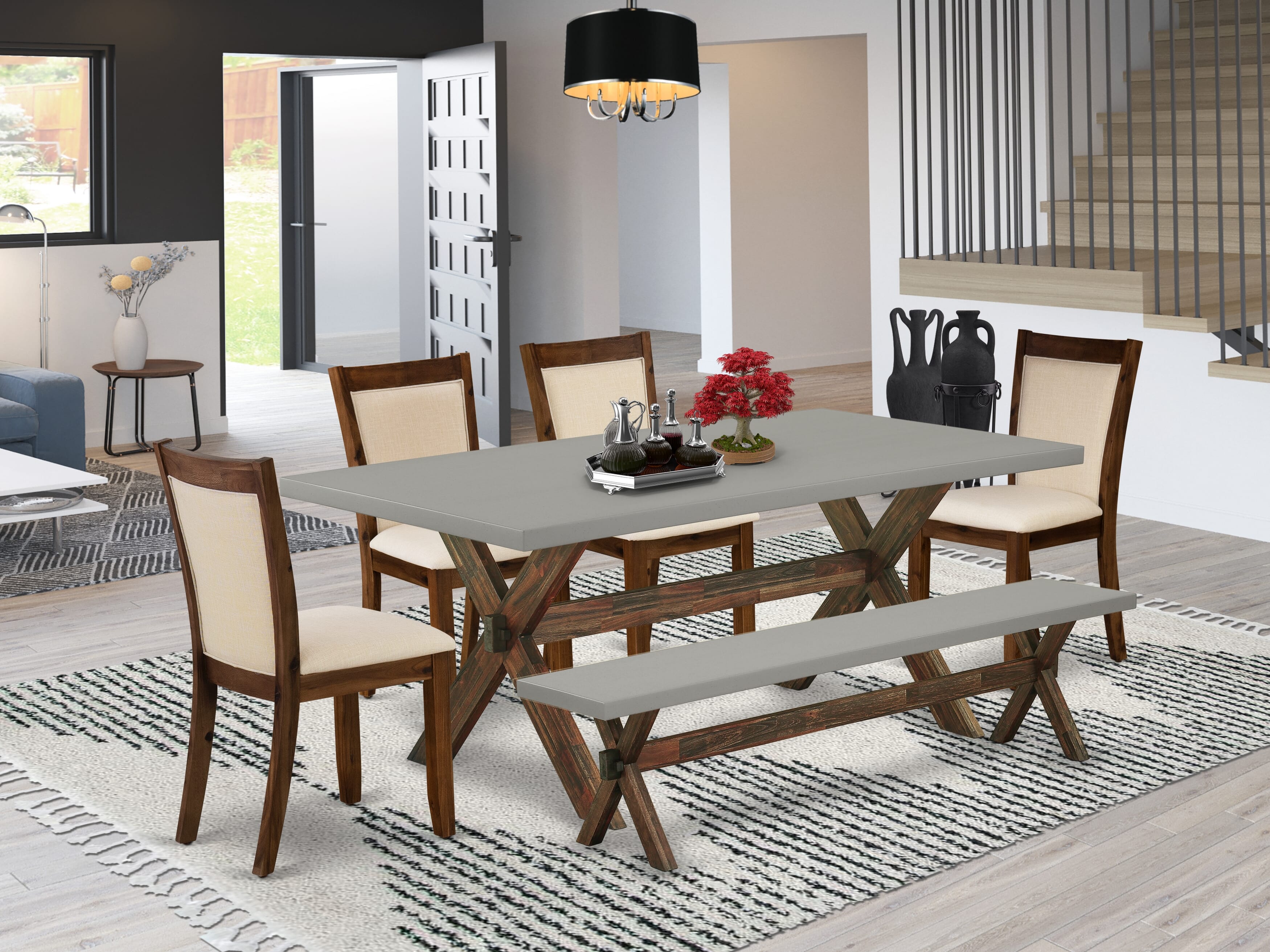 East West Furniture X797MZN32-6 6-Piece Table Set Contains a Dining Table and a Small Dining Bench with 4 Light Beige Linen Fabric Upholstered Chairs with Stylish Back - Distressed Jacobean Finish