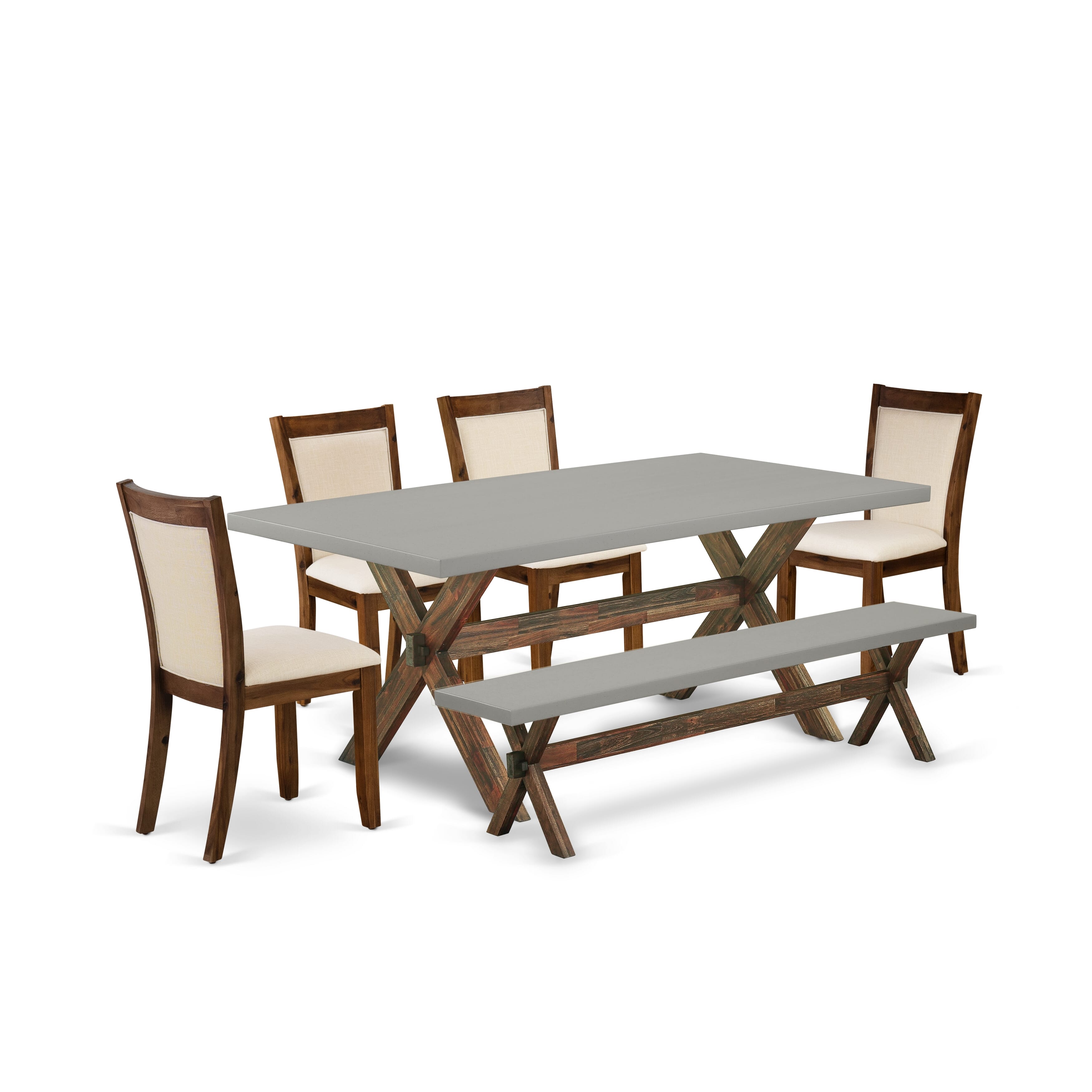 East West Furniture X797MZN32-6 6-Piece Table Set Contains a Dining Table and a Small Dining Bench with 4 Light Beige Linen Fabric Upholstered Chairs with Stylish Back - Distressed Jacobean Finish