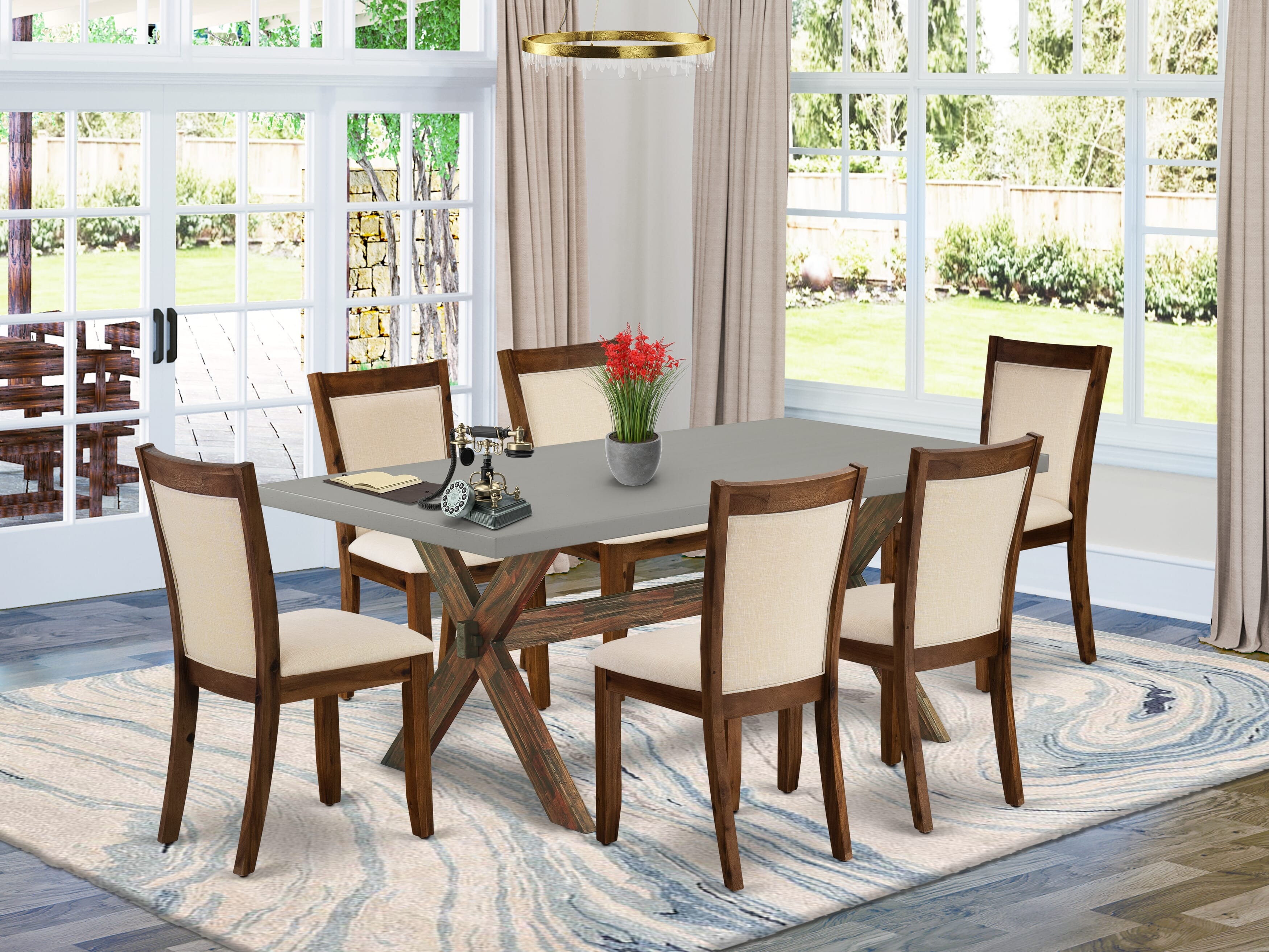 East West Furniture X797MZN32-7 7-Pc Kitchen Table Set Includes a Dining Table and 6 Light Beige Linen Fabric Dining Room Chairs with Stylish Back - Distressed Jacobean Finish