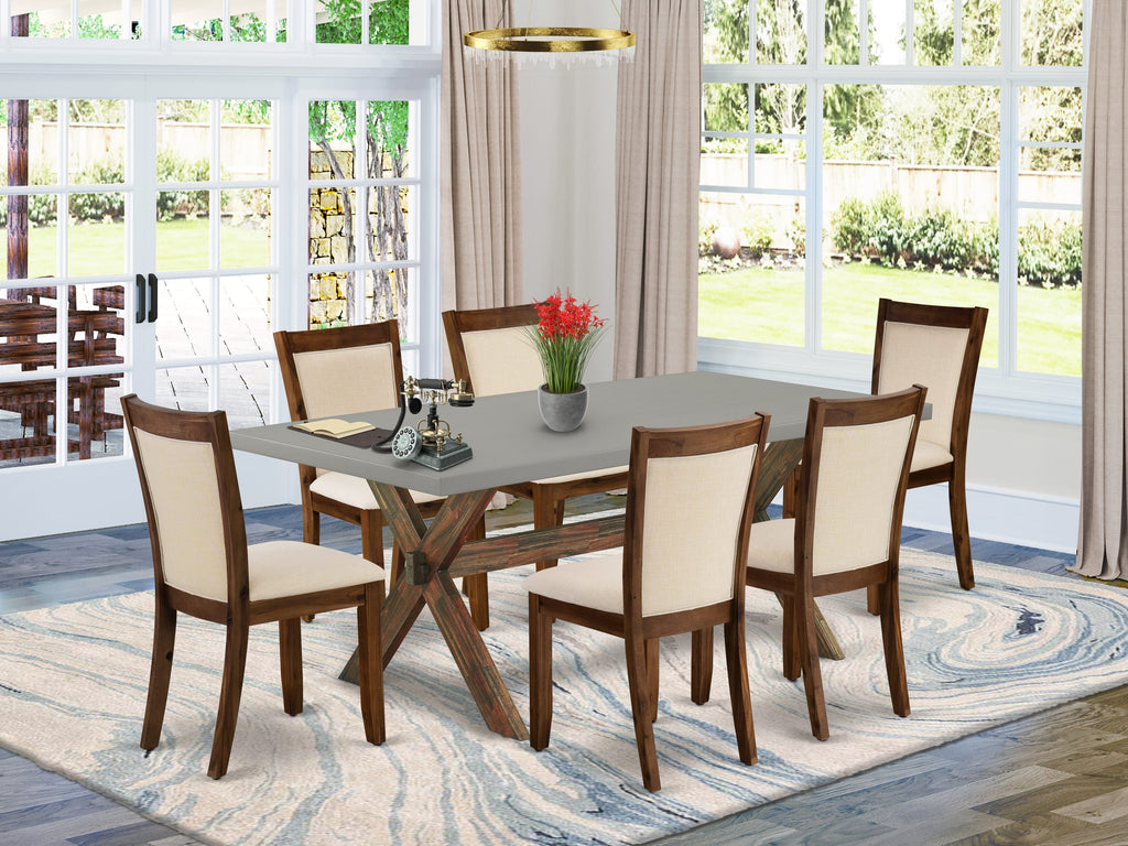 East West Furniture X797MZN32-7 7-Pc Kitchen Table Set Includes a Dining Table and 6 Light Beige Linen Fabric Dining Room Chairs with Stylish Back - Distressed Jacobean Finish