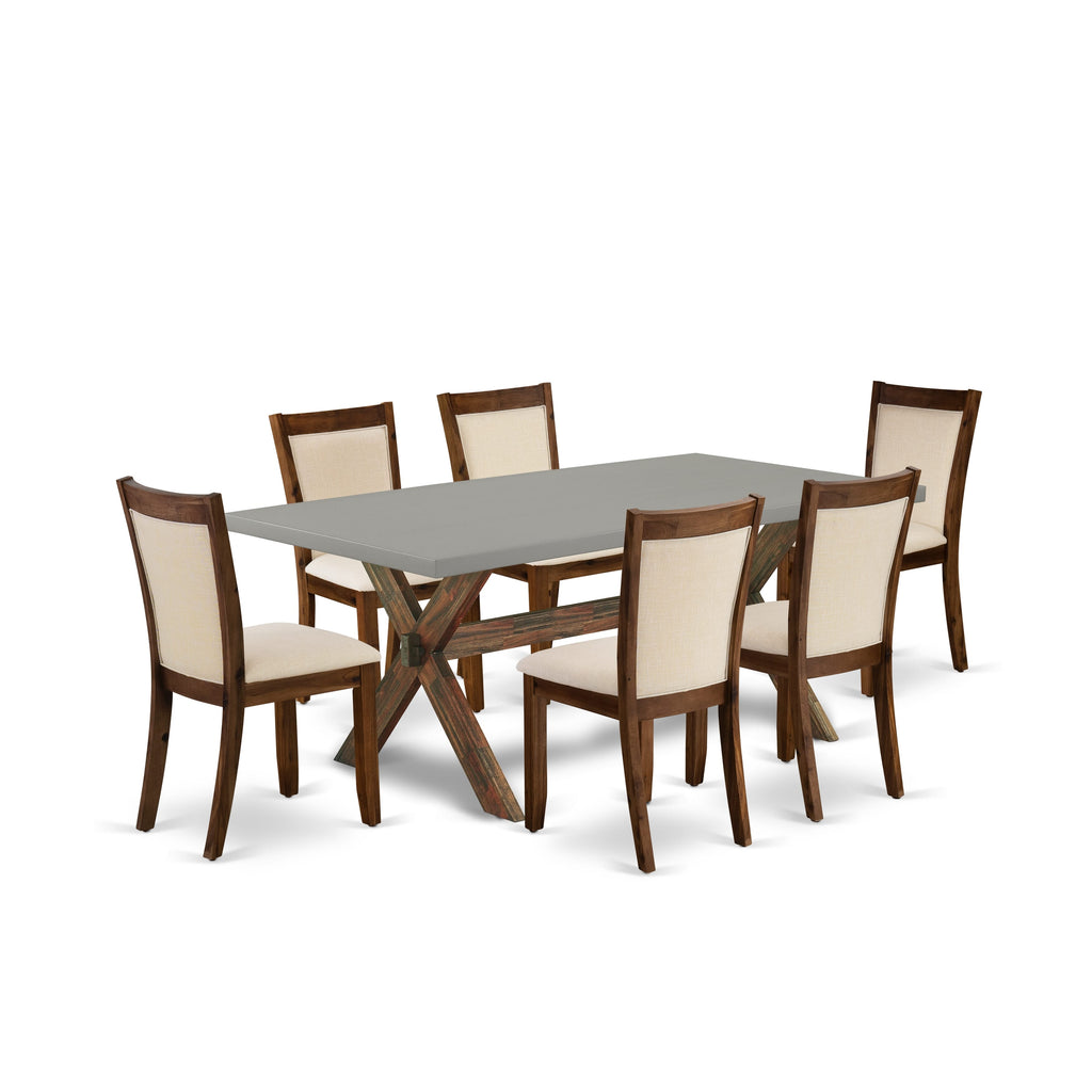 East West Furniture X797MZN32-7 7-Pc Kitchen Table Set Includes a Dining Table and 6 Light Beige Linen Fabric Dining Room Chairs with Stylish Back - Distressed Jacobean Finish