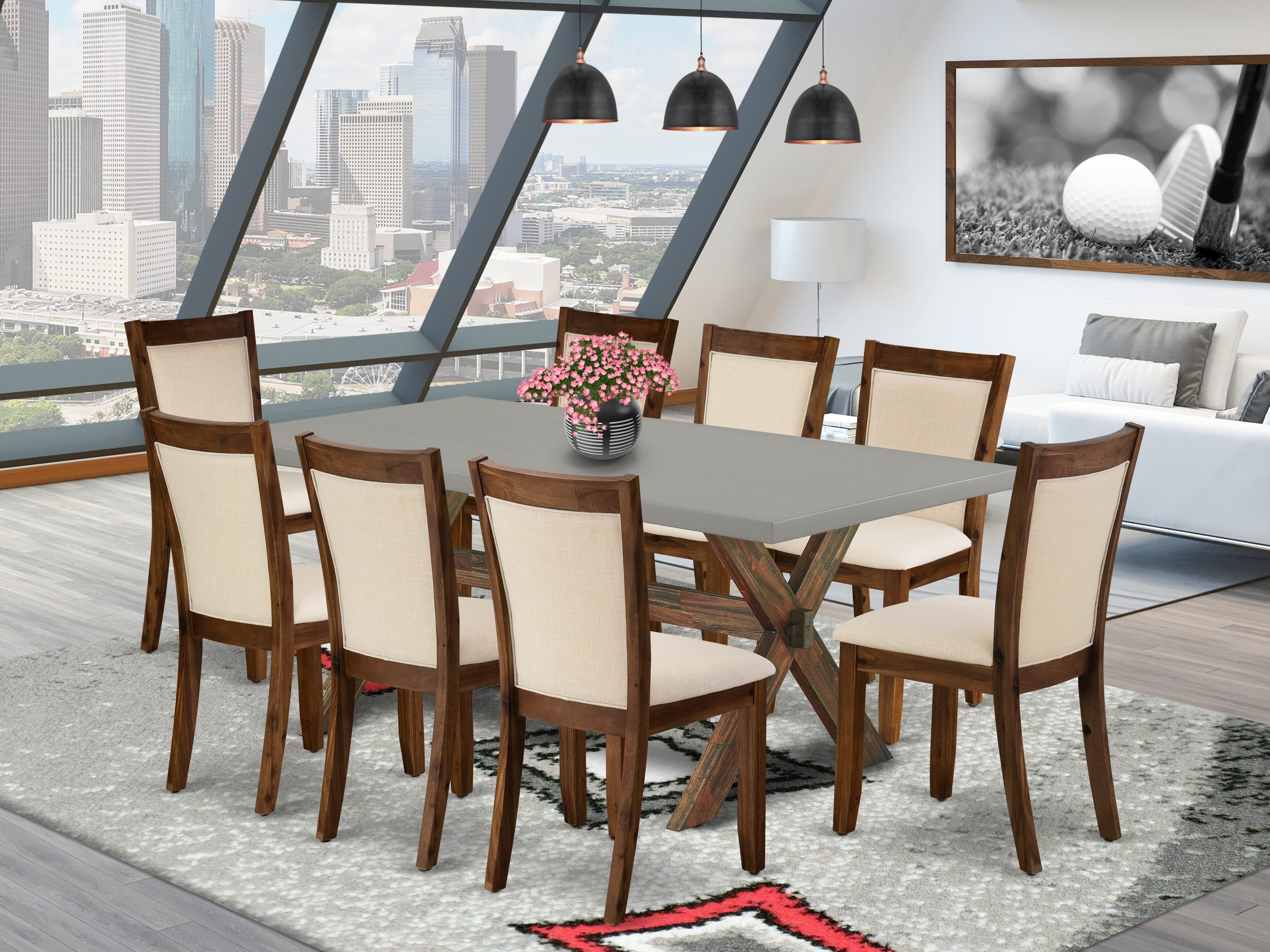 East West Furniture X797MZN32-9 9-Piece Mid Century Dining Table Set Consists of a Wooden Table and 8 Light Beige Linen Fabric Upholstered Dining Chairs with Stylish Back - Distressed Jacobean Finish