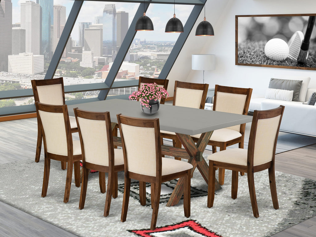 East West Furniture X797MZN32-9 9-Piece Mid Century Dining Table Set Consists of a Wooden Table and 8 Light Beige Linen Fabric Upholstered Dining Chairs with Stylish Back - Distressed Jacobean Finish