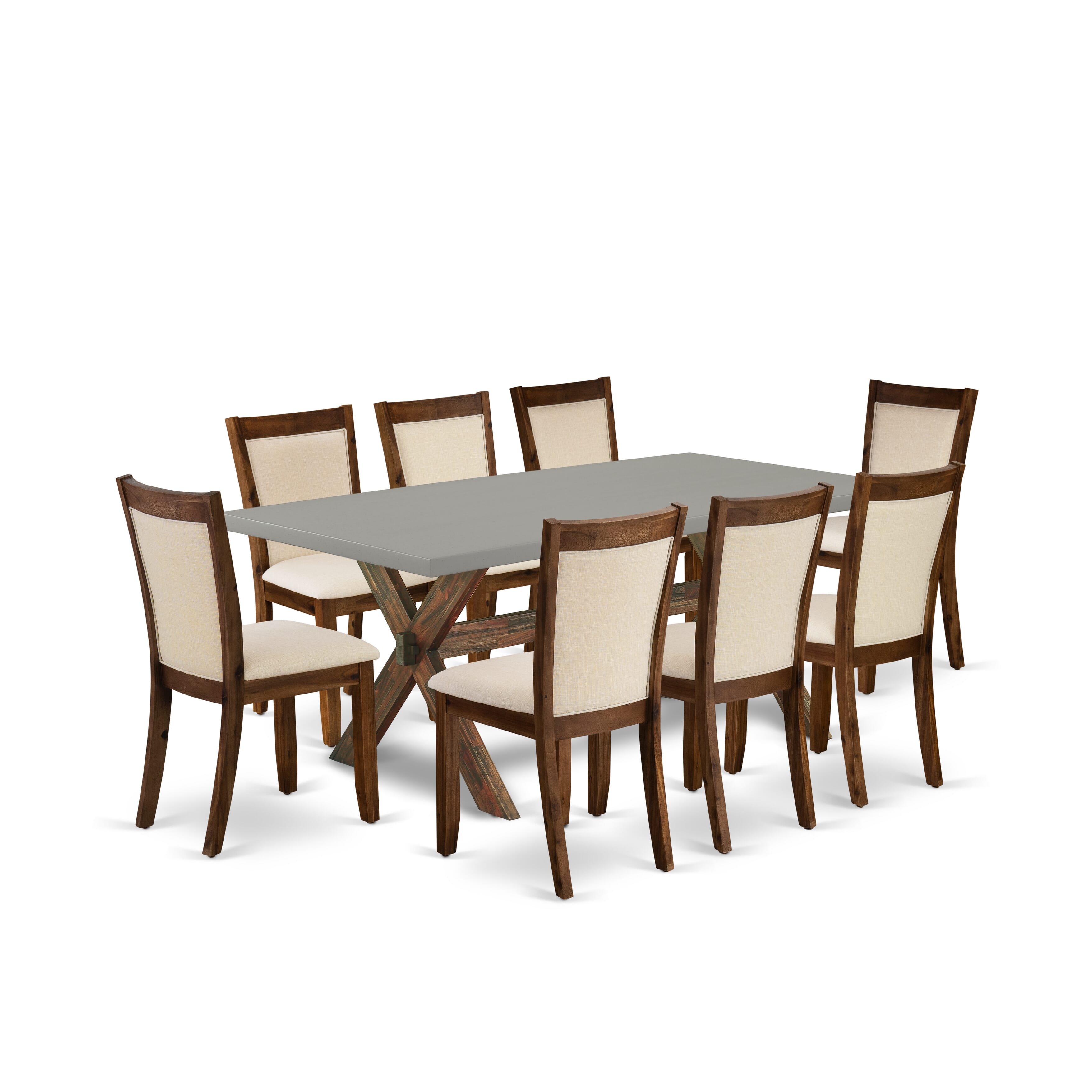 East West Furniture X797MZN32-9 9-Piece Mid Century Dining Table Set Consists of a Wooden Table and 8 Light Beige Linen Fabric Upholstered Dining Chairs with Stylish Back - Distressed Jacobean Finish