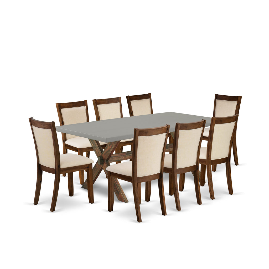 East West Furniture X797MZN32-9 9-Piece Mid Century Dining Table Set Consists of a Wooden Table and 8 Light Beige Linen Fabric Upholstered Dining Chairs with Stylish Back - Distressed Jacobean Finish
