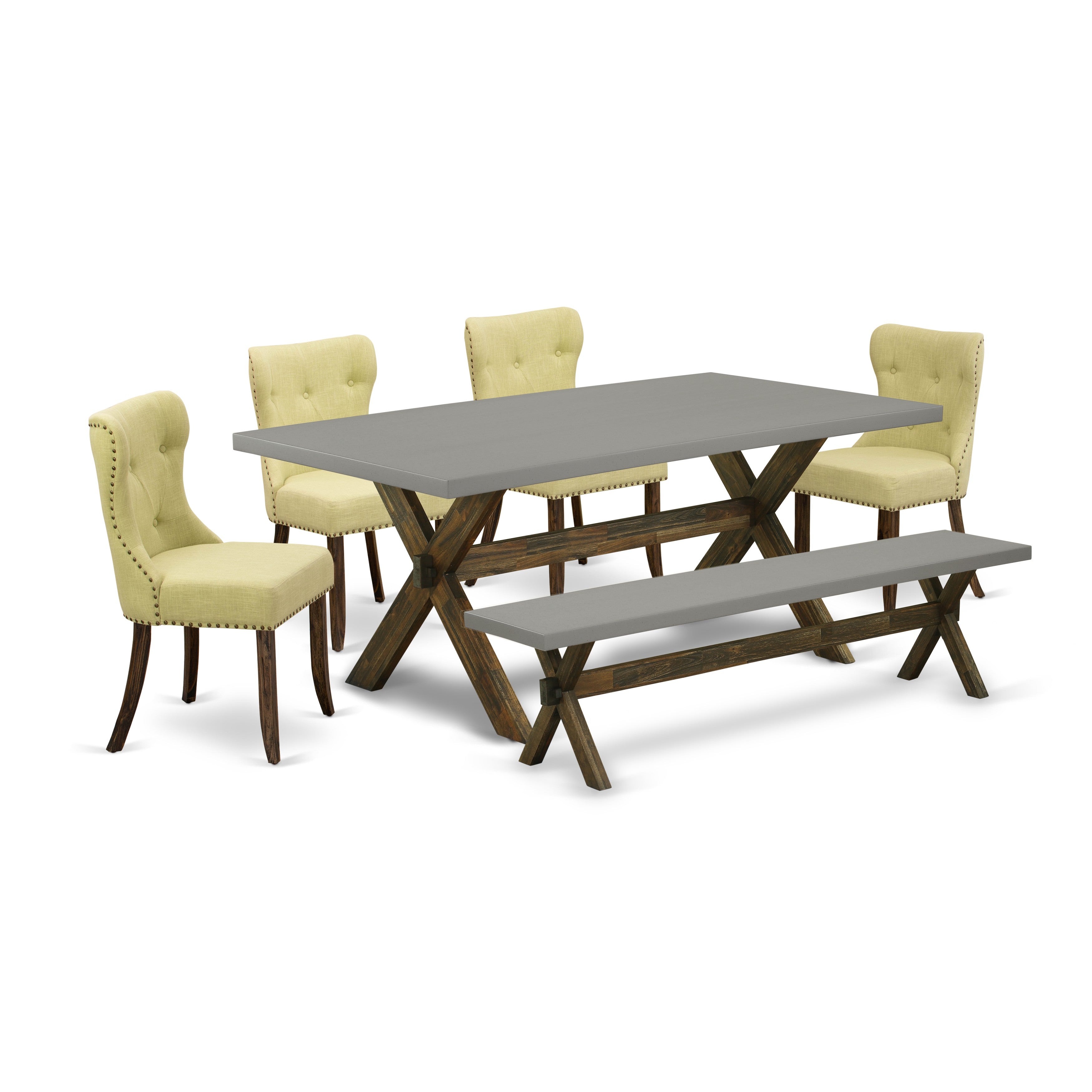 East West Furniture X797SI737-6 6-Piece Dinette Table Set with Limelight Linen Fabric Seat and Button Tufted Chair Back Dining Chairs and Wooden Bench - Dining Room Table - Cement Finish