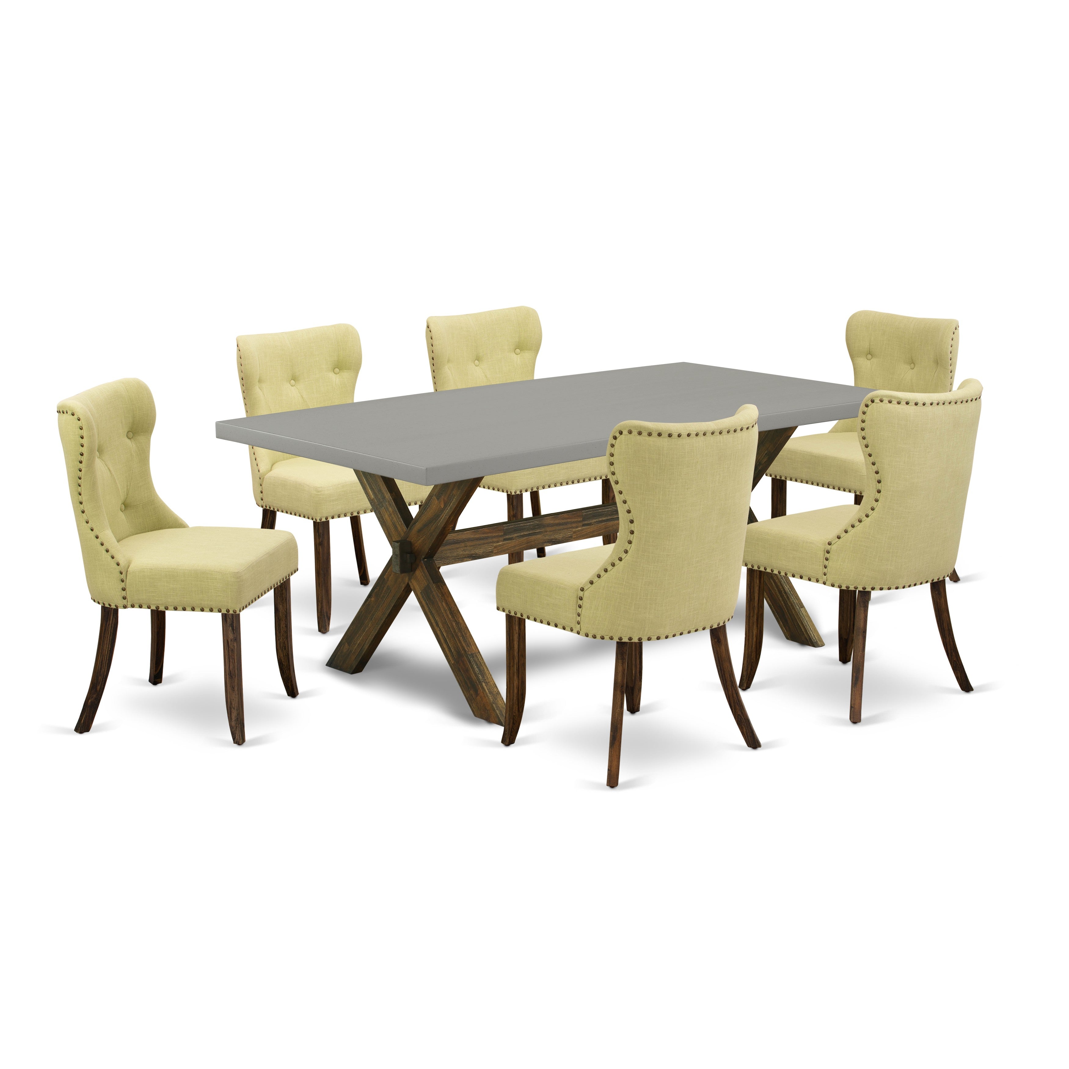 East West Furniture X797SI737-7 7-Piece Dining Set with Limelight Linen Fabric Seat and Button Tufted Chair Back Parson Dining Chairs - Kitchen Table - Cement Finish