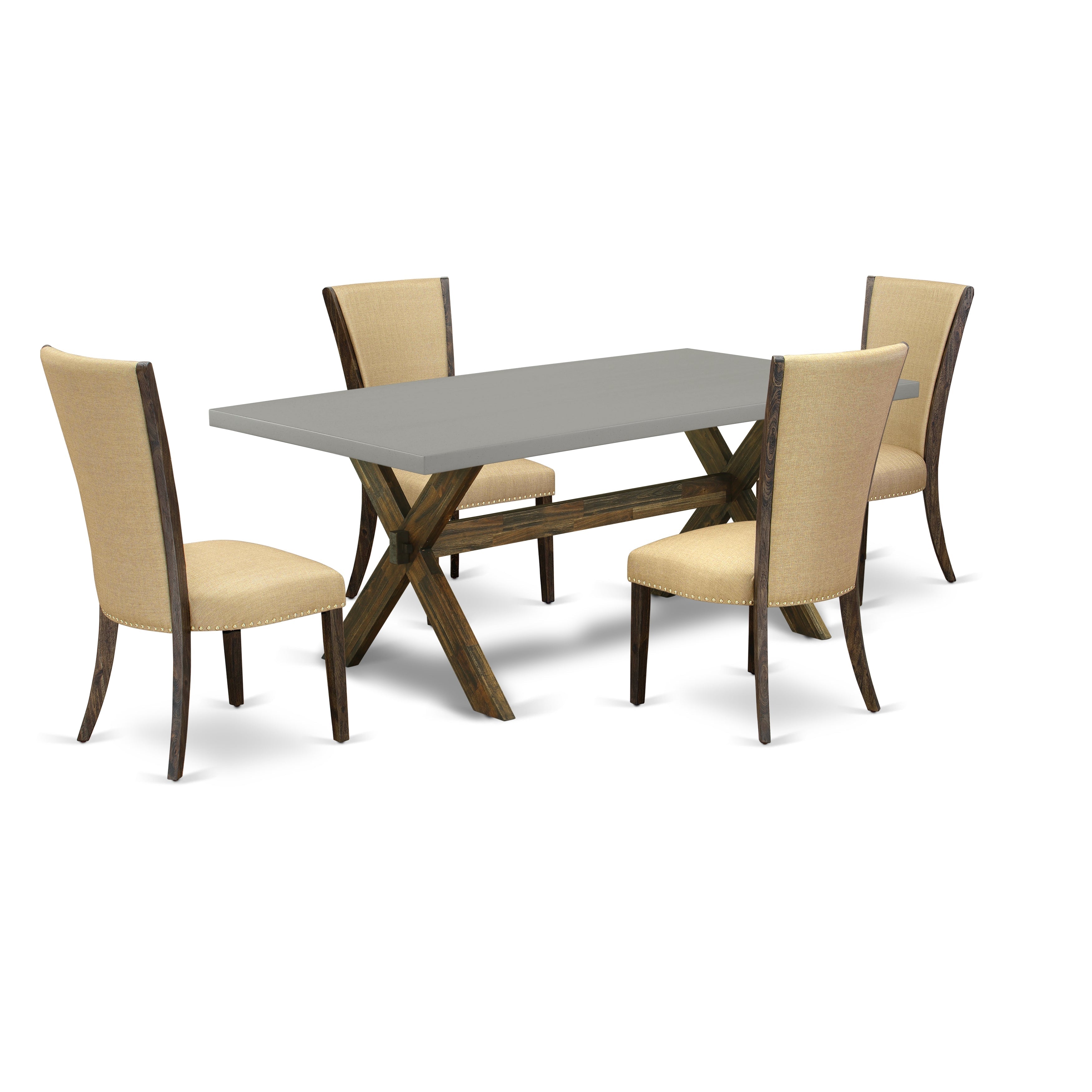 East West Furniture X797VE703-5 5Pc Dinette Set Includes a Kitchen Table and 4 Parson Dining Chairs with Brown Color Linen Fabric, Medium Size Table with Full Back Chairs, Distressed Jacobean and Cement Finish