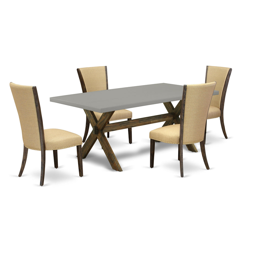 East West Furniture X797VE703-5 5 Piece Dining Set Includes a Rectangle Dining Room Table with X-Legs and 4 Brown Linen Fabric Upholstered Parson Chairs