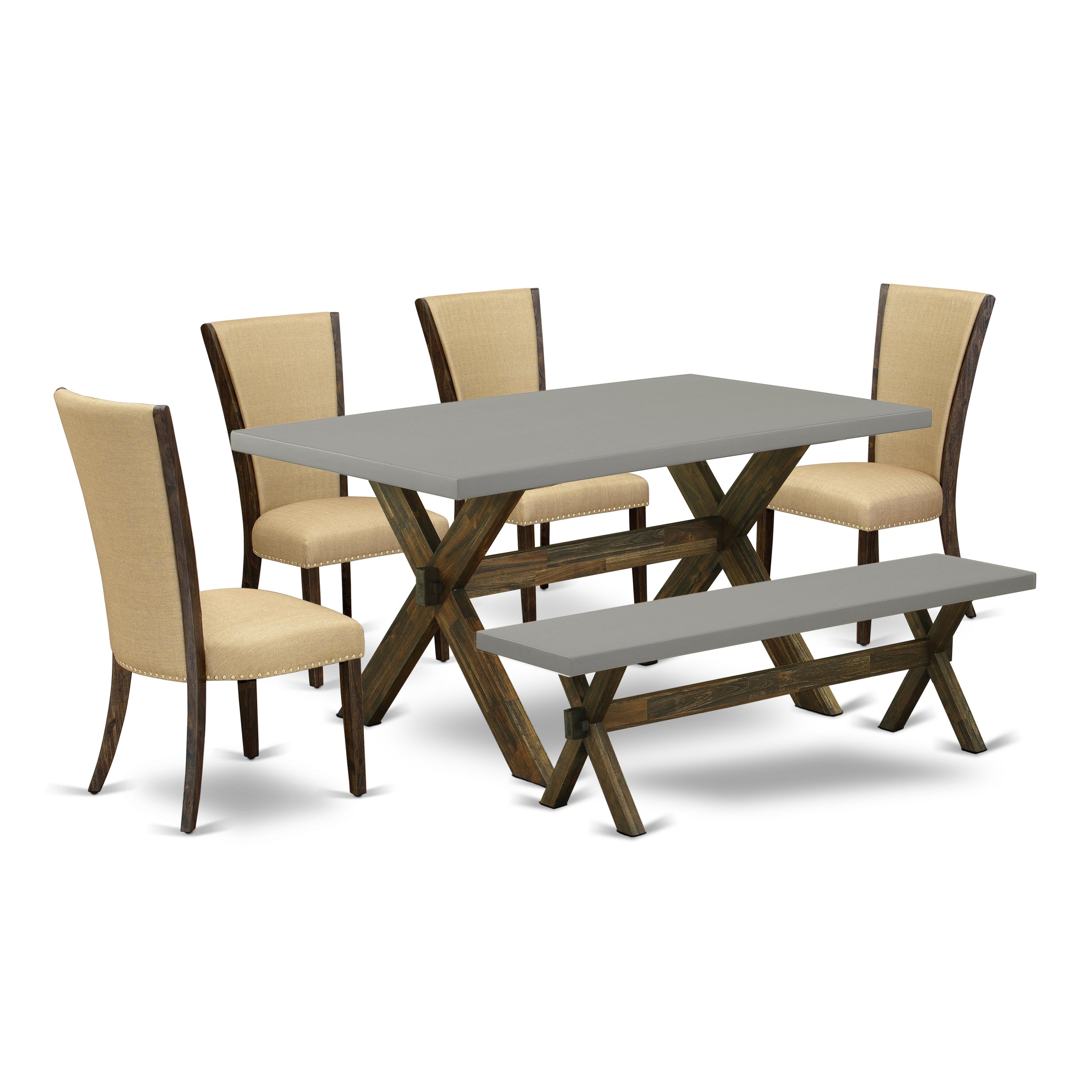 Juego de comedor de 6 piezas East West Furniture X797VE703-6. Contiene una mesa de comedor rectangular con patas en forma de X y 4 sillas Parson de tela de lino marrón con un banco.