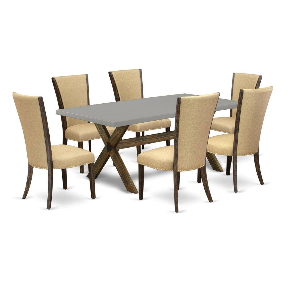 Juego de comedor de 7 piezas East West Furniture X797VE703-7 compuesto por una mesa de comedor rectangular con patas en forma de X y 6 sillas Parson tapizadas en tela de lino marrón.