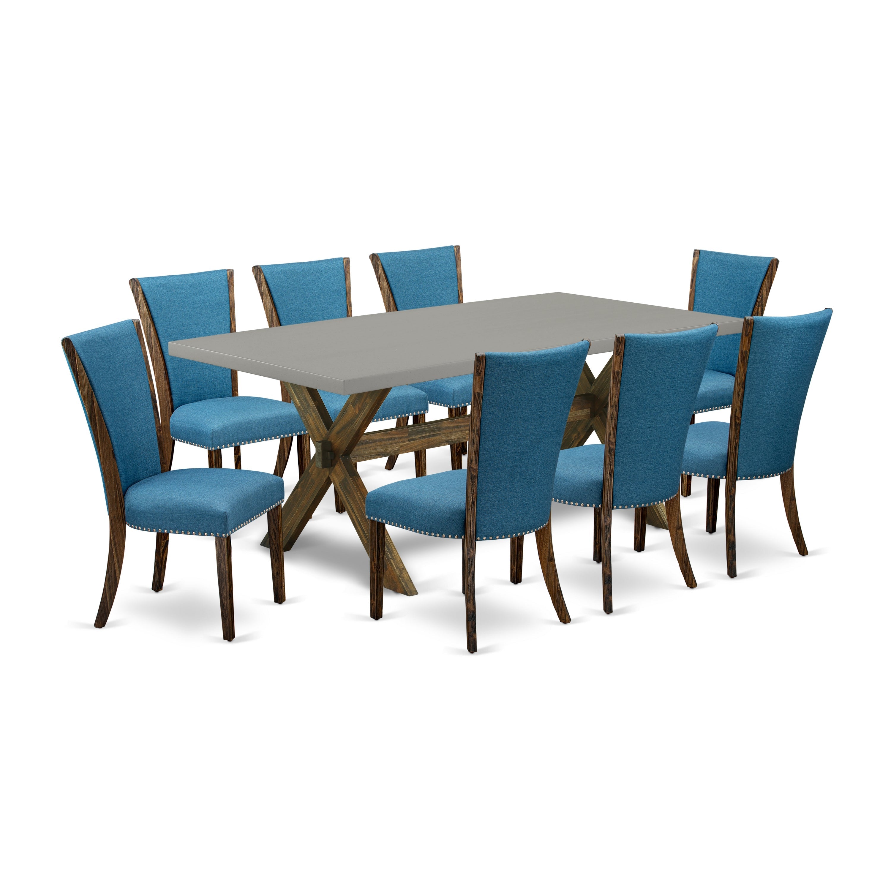 El juego de mesa de comedor East West Furniture X797VE721-9 de 9 piezas incluye una mesa de cocina rectangular con patas en forma de X y 8 sillas de comedor Parson de tela de lino de color azul.