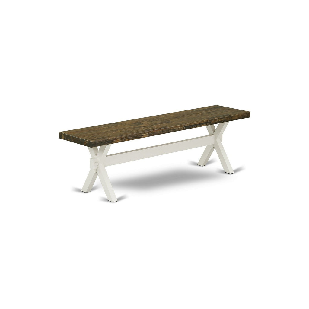Juego de mesa de comedor moderna de 6 piezas East West Furniture X076BA201-6. Contiene una mesa rectangular de madera con patas en forma de X y 4 sillas Parson de tela de lino color crema con un banco.