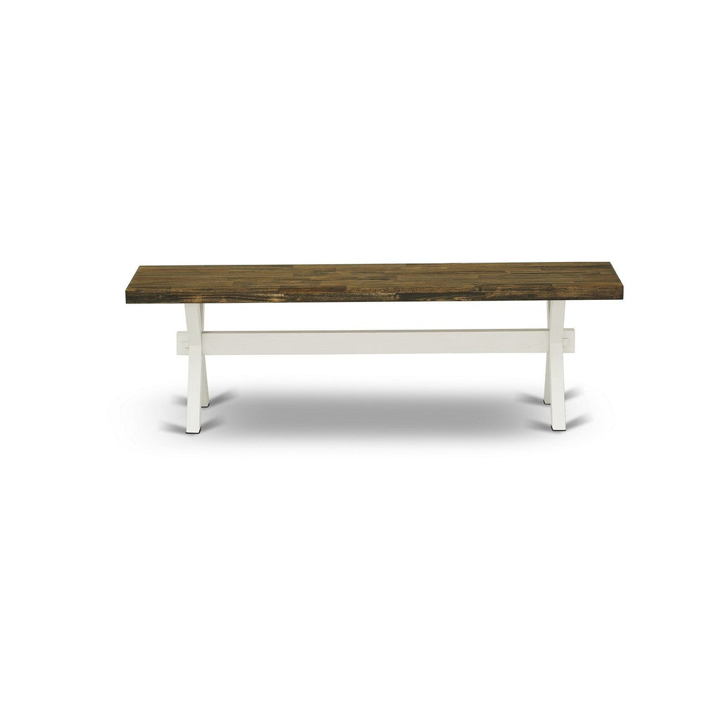 Juego de mesa de comedor moderna de 6 piezas East West Furniture X076BA201-6. Contiene una mesa rectangular de madera con patas en forma de X y 4 sillas Parson de tela de lino color crema con un banco.