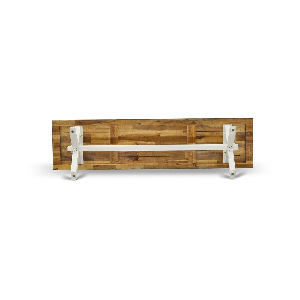 Juego de mesa de comedor moderna de 6 piezas East West Furniture X076BA201-6. Contiene una mesa rectangular de madera con patas en forma de X y 4 sillas Parson de tela de lino color crema con un banco.