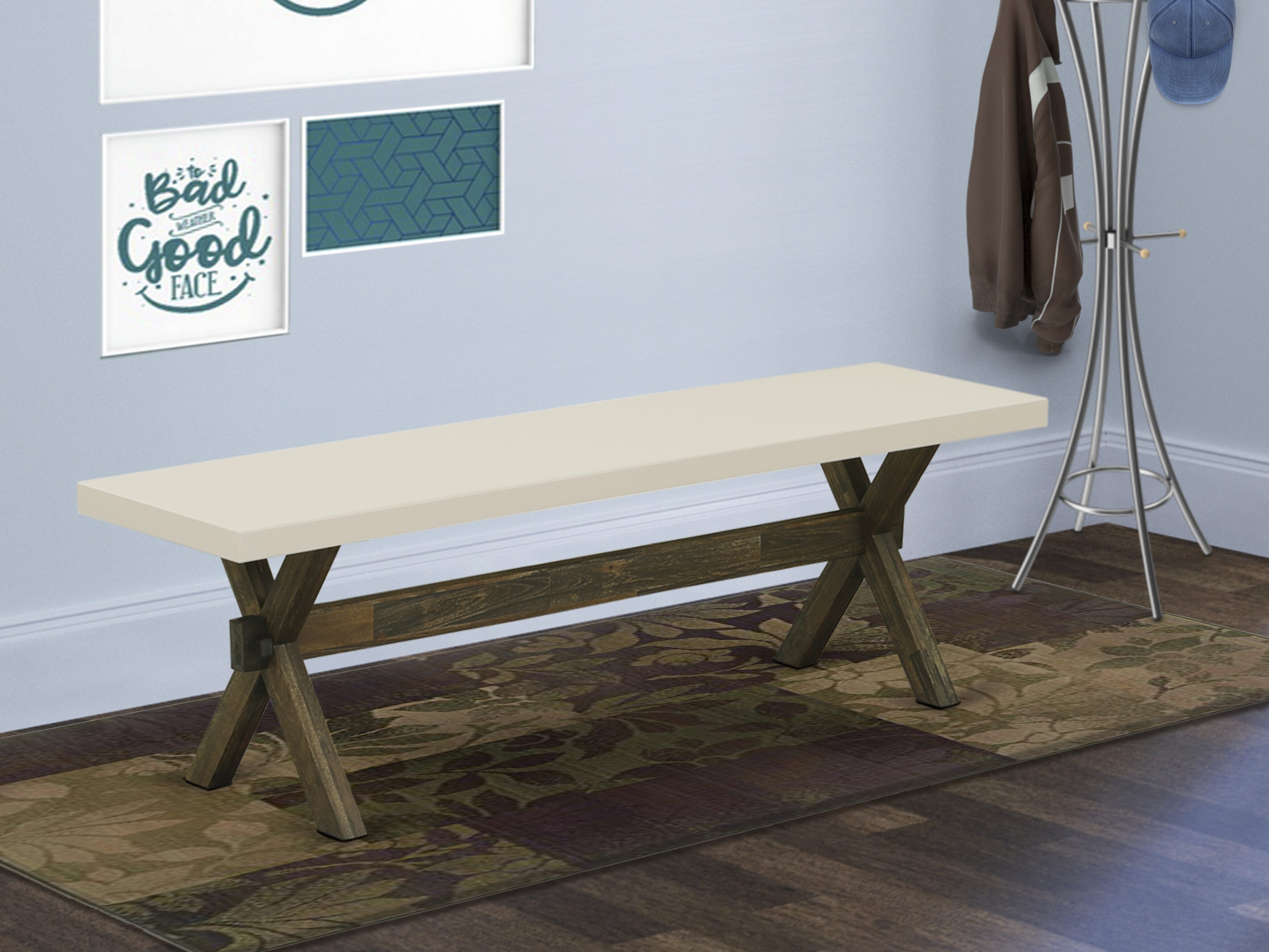 X-Style 15x60 in Dining Bench with Distressed Jacobean 418 Leg and Linen White Top finish
