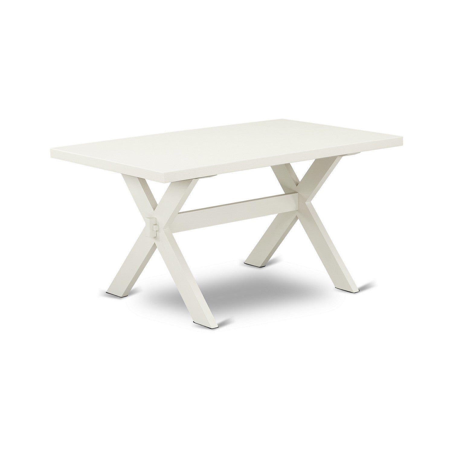 Juego de mesa de comedor de 7 piezas East West Furniture X026FO244-7 compuesto por una mesa de comedor rectangular con patas en forma de X y 6 sillas Parsons de cuero sintético gris claro.