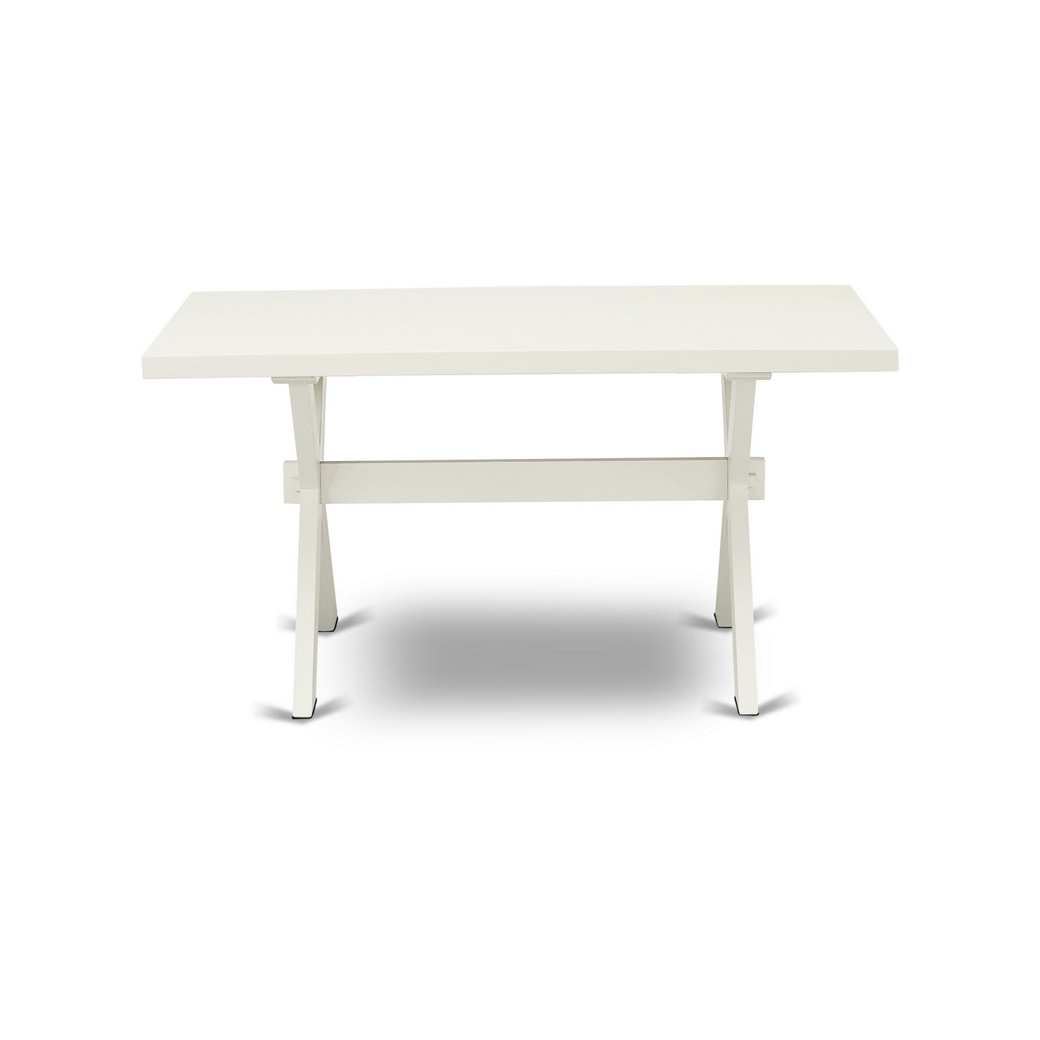 Juego de mesa de comedor de 7 piezas East West Furniture X026FO244-7 compuesto por una mesa de comedor rectangular con patas en forma de X y 6 sillas Parsons de cuero sintético gris claro.