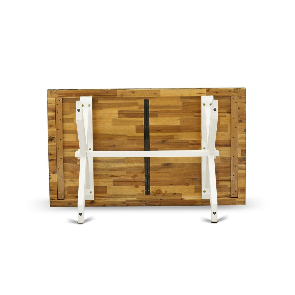 Juego de mesa de comedor de 6 piezas East West Furniture X076MZ001-6. Contiene una mesa de comedor rectangular con patas en forma de X y 4 sillas Parson de tela de lino color crema con un banco.
