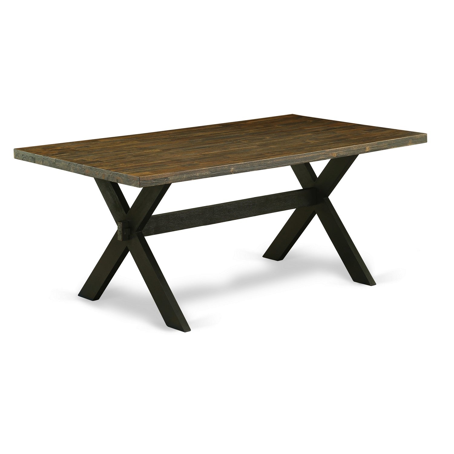 East West Furniture X677EL635-6 6-Pc dining table set-Doeskin Linen Fabric Seat and Button Tufted Chair Back Dining chairs, A Rectangular Bench and Rectangular top Wood Dining Table with Hardwood Legs - Distressed Jacobean and Wire Brushed Black Finish