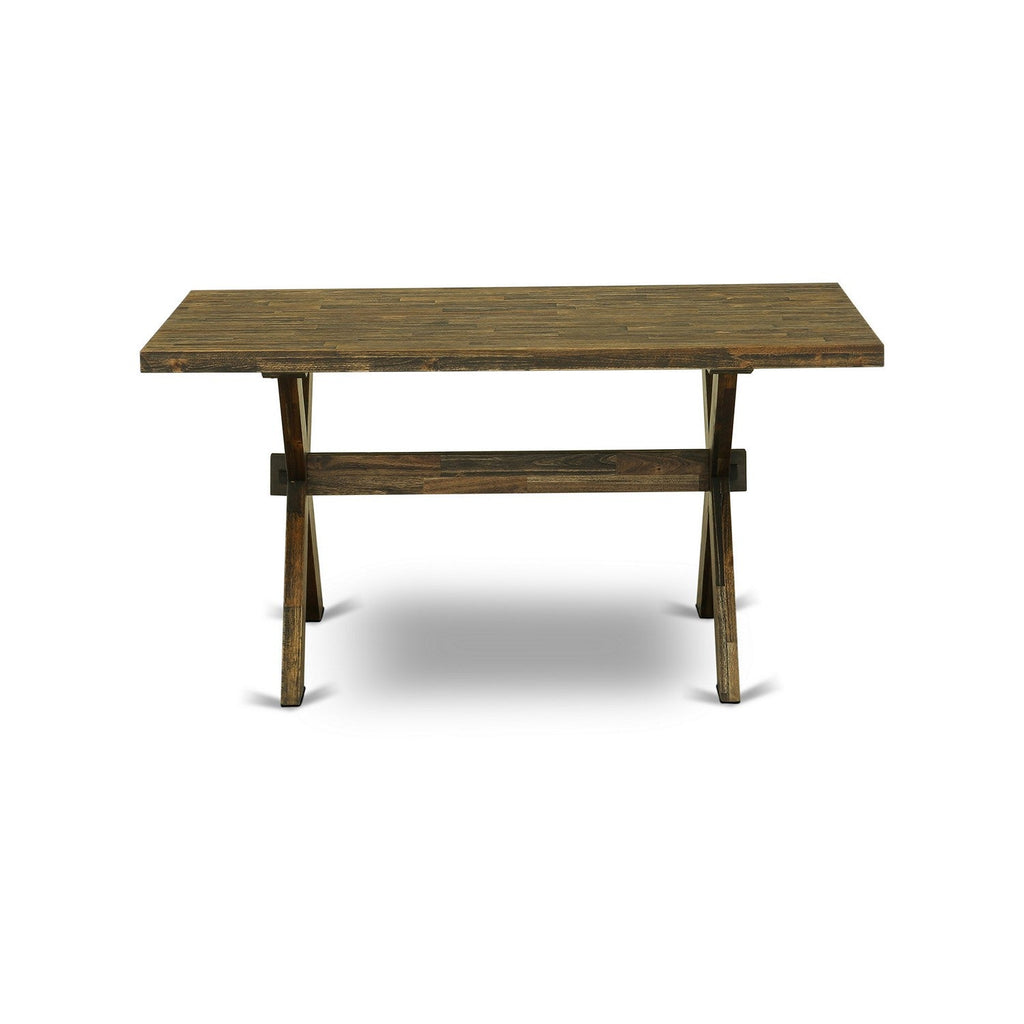 Juego de comedor de 7 piezas East West Furniture X776FO749-7 compuesto por una mesa de comedor rectangular con patas en forma de X y 6 sillas Parson tapizadas en piel sintética negra.