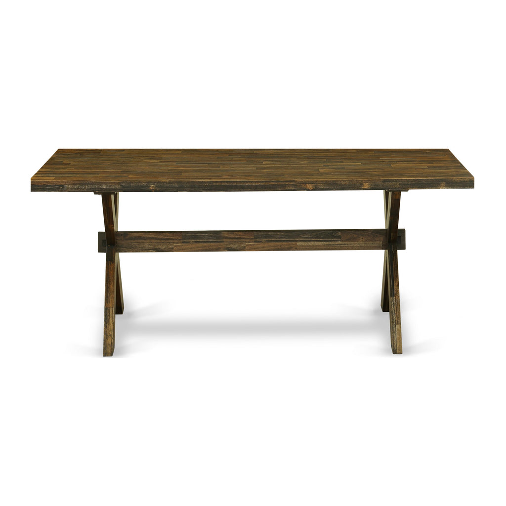 East West Furniture X777MZN32-6 6 Piece Dining Table Set Contains a Rectangle Kitchen Table with X-Legs and 4 Light Beige Linen Fabric Parson Chairs with a Bench