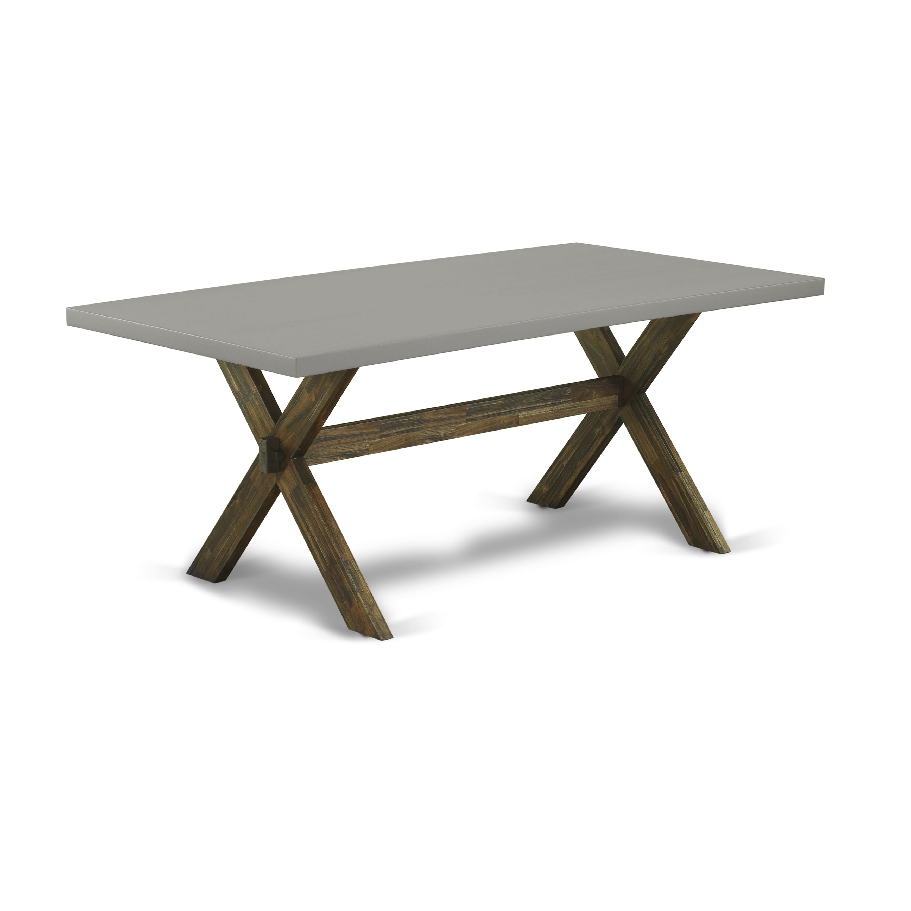 East West Furniture X797MZN32-9 9-Piece Mid Century Dining Table Set Consists of a Wooden Table and 8 Light Beige Linen Fabric Upholstered Dining Chairs with Stylish Back - Distressed Jacobean Finish