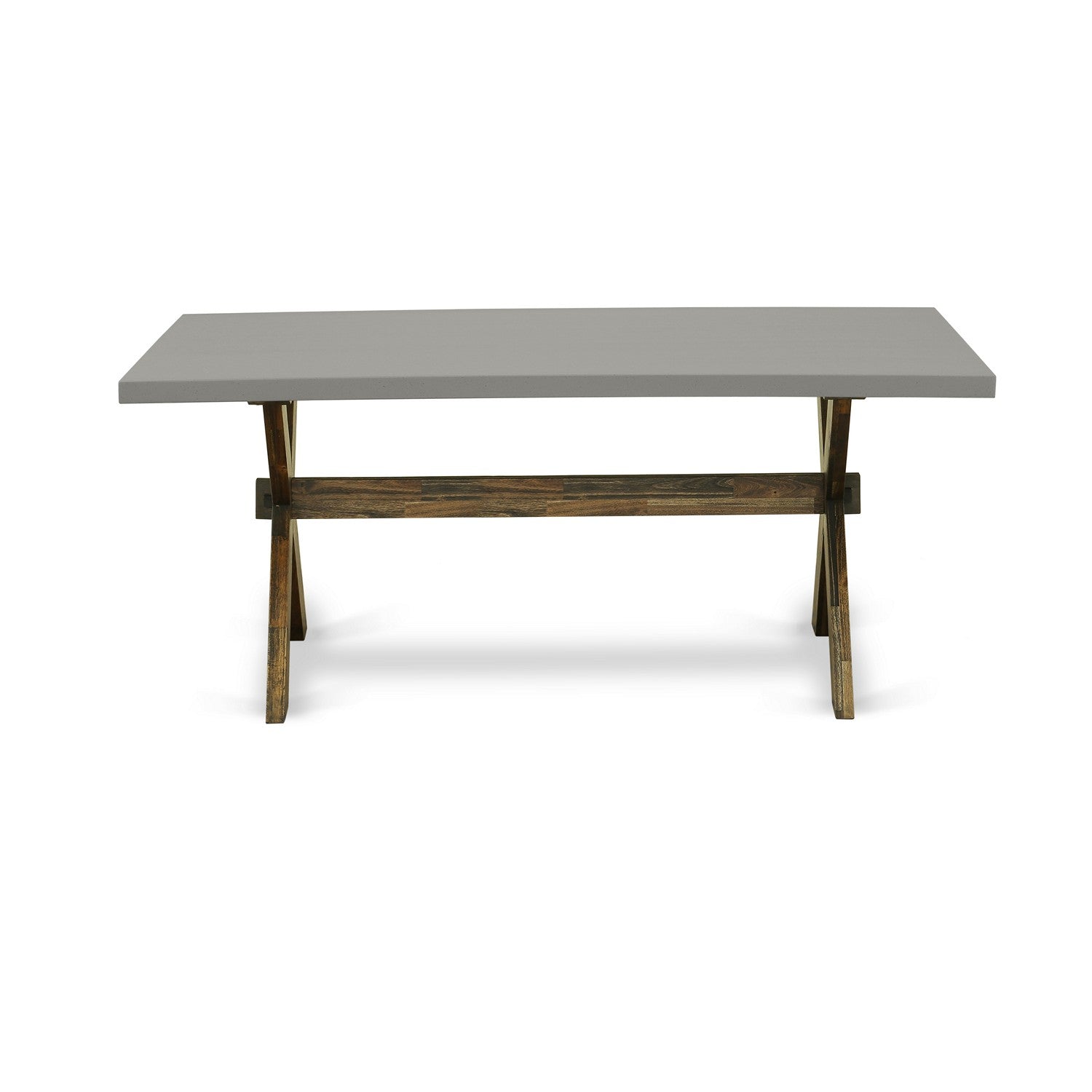East West Furniture X797MZ748-6 6 Piece Modern Dining Table Set- A Cement Top Kitchen Table in Trestle Base with Small Wood Bench and 4 Coffee Linen Fabric Dining Chairs - Distressed Jacobean Finish