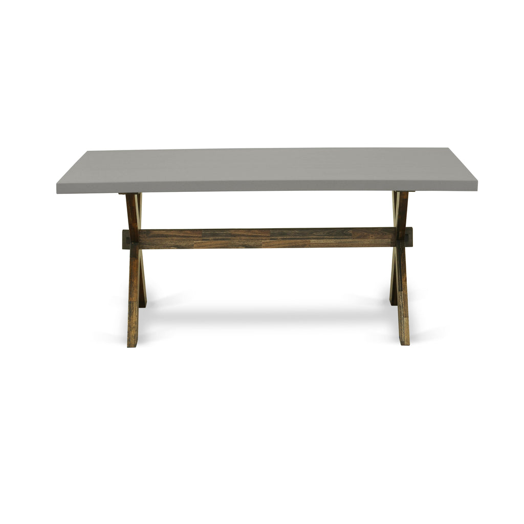 East West Furniture X797MZN32-7 7-Pc Kitchen Table Set Includes a Dining Table and 6 Light Beige Linen Fabric Dining Room Chairs with Stylish Back - Distressed Jacobean Finish