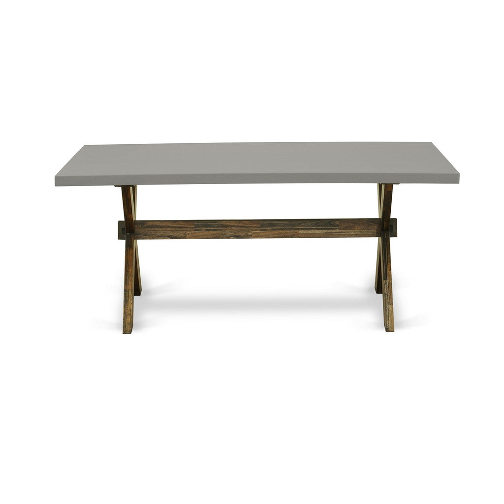 Juego de comedor de 7 piezas East West Furniture X797VE703-7 compuesto por una mesa de comedor rectangular con patas en forma de X y 6 sillas Parson tapizadas en tela de lino marrón.