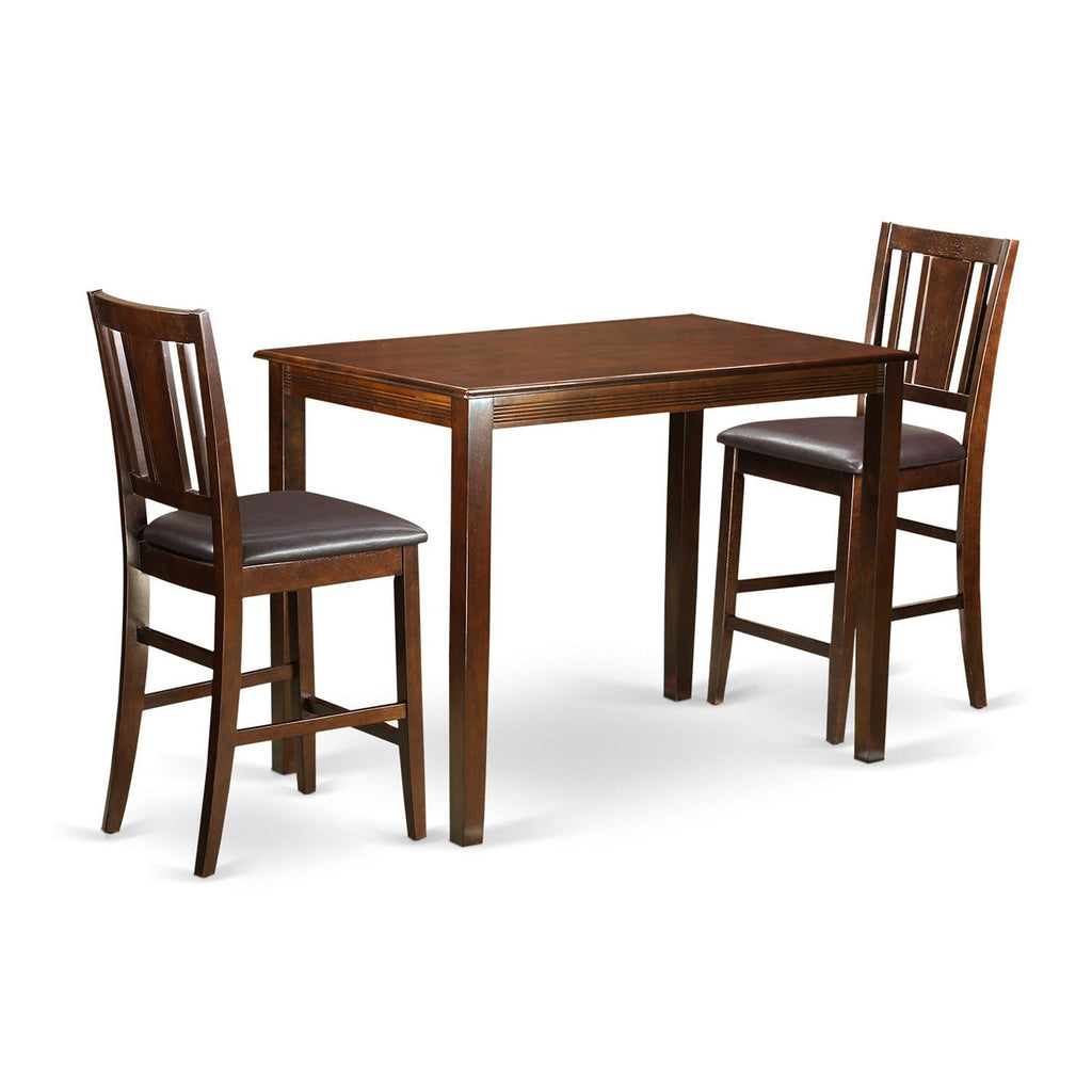 Juego de pub de 3 piezas East West Furniture YABU3-MAH-LC con altura de mostrador para espacios pequeños. Contiene una mesa de comedor rectangular y 2 sillas tapizadas en piel sintética.