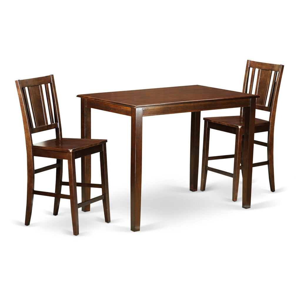 Juego de mesa de comedor de 3 piezas East West Furniture YABU3-MAH-W con altura de mostrador para cocina. Contiene una mesa de comedor rectangular y 2 sillas con asiento de madera.