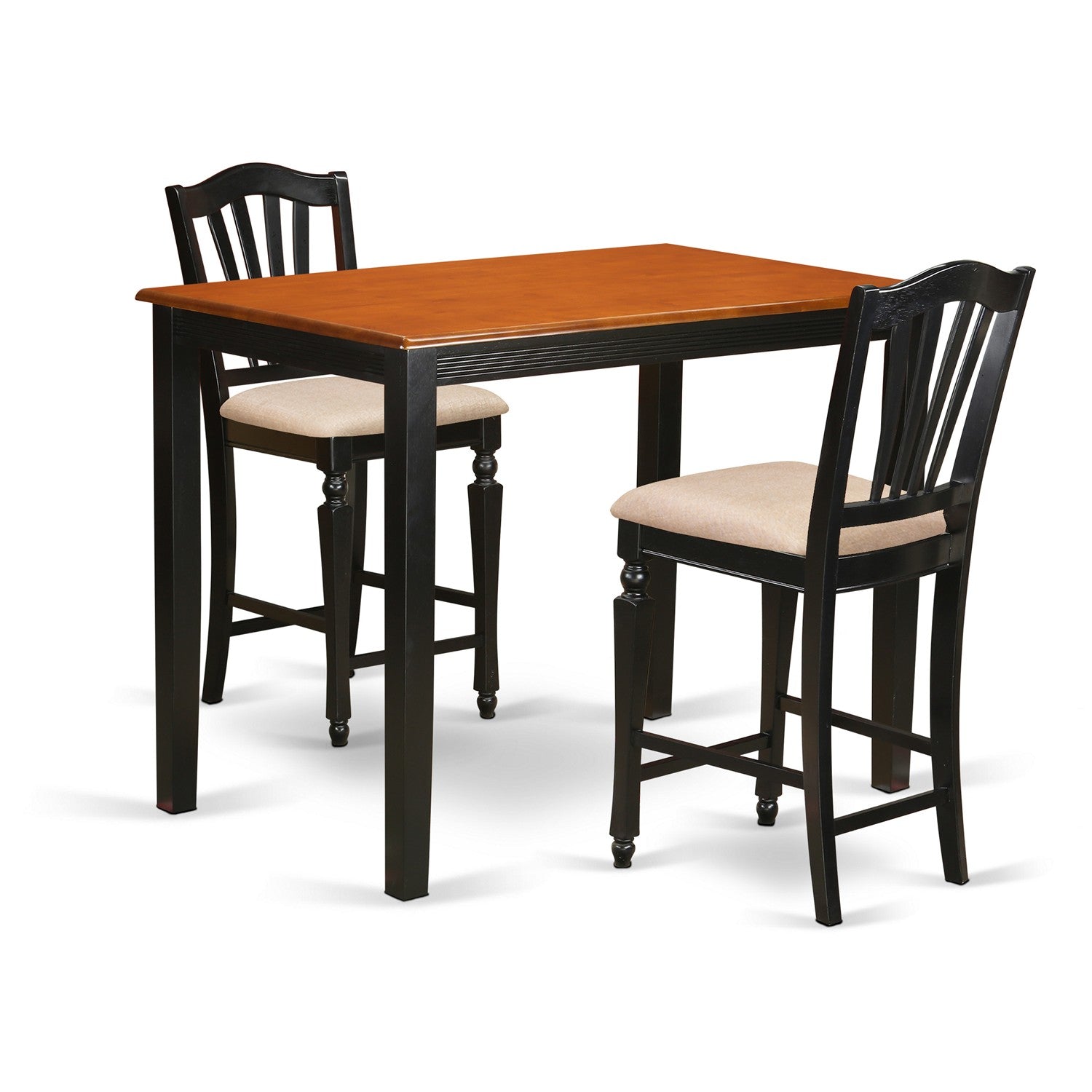 Juego de mesa de comedor de 3 piezas con altura de mostrador para cocina East West Furniture YACH3-BLK-C. Incluye una mesa de comedor rectangular y 2 sillas tapizadas en tela de lino.