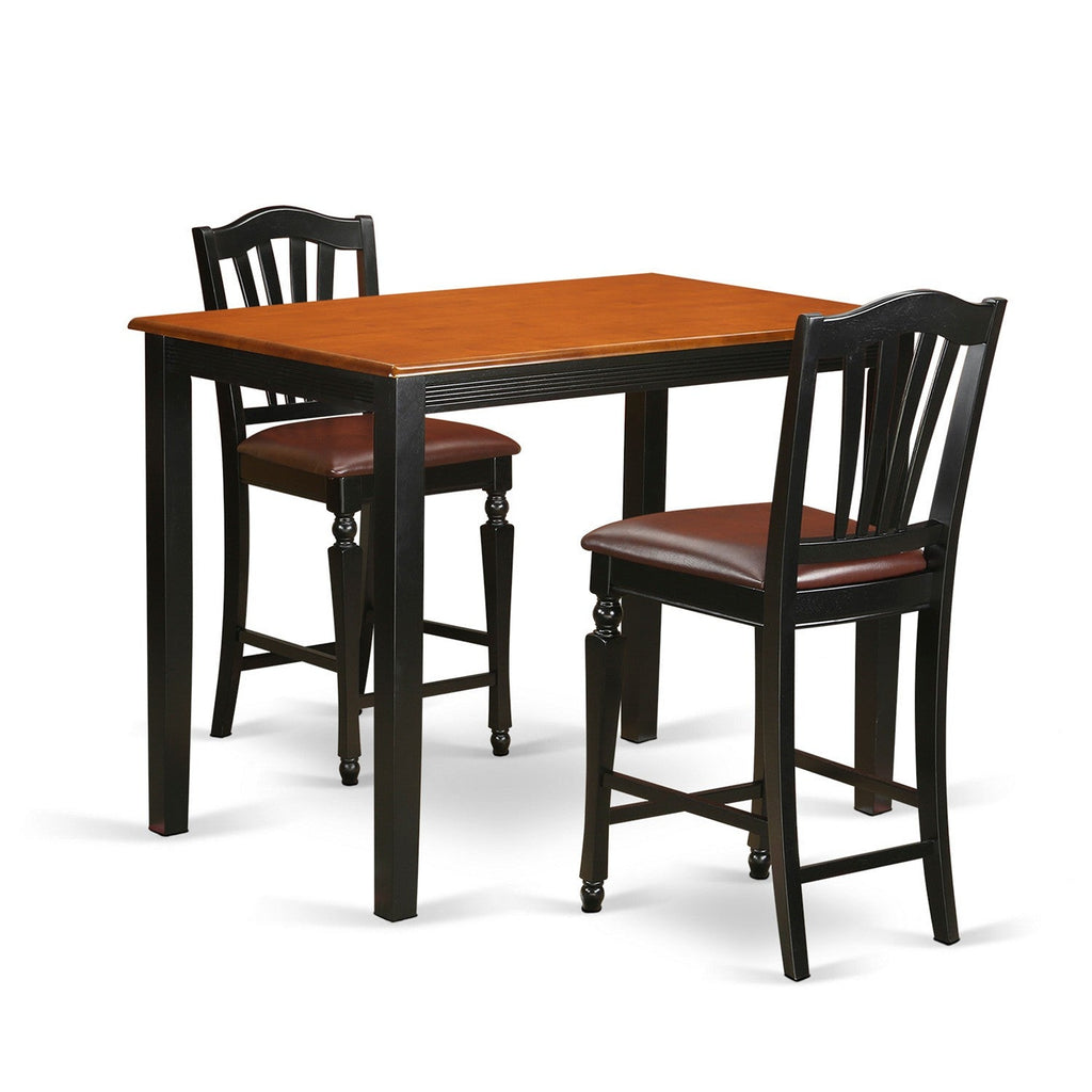 East West Furniture YACH3-BLK-LC 3 Piece Counter Height Pub Set for Small Spaces Contains a Rectangle Kitchen Table and 2 Faux Leather Dining Room Chairs