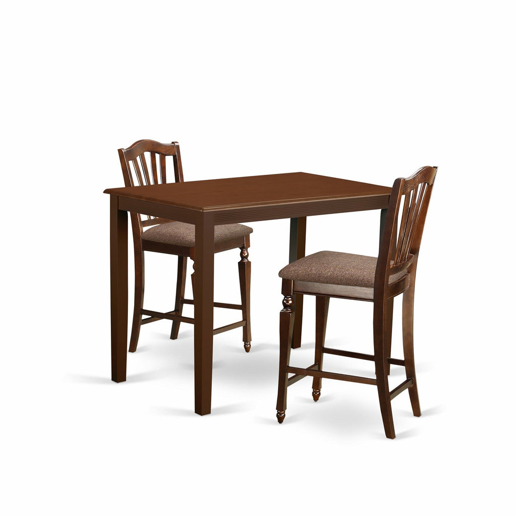 East West Furniture YACH3-MAH-C 3 Piece Kitchen Counter Set for Small Spaces Contains a Rectangle Dining Room Table and 2 Linen Fabric Upholstered Dining Chairs