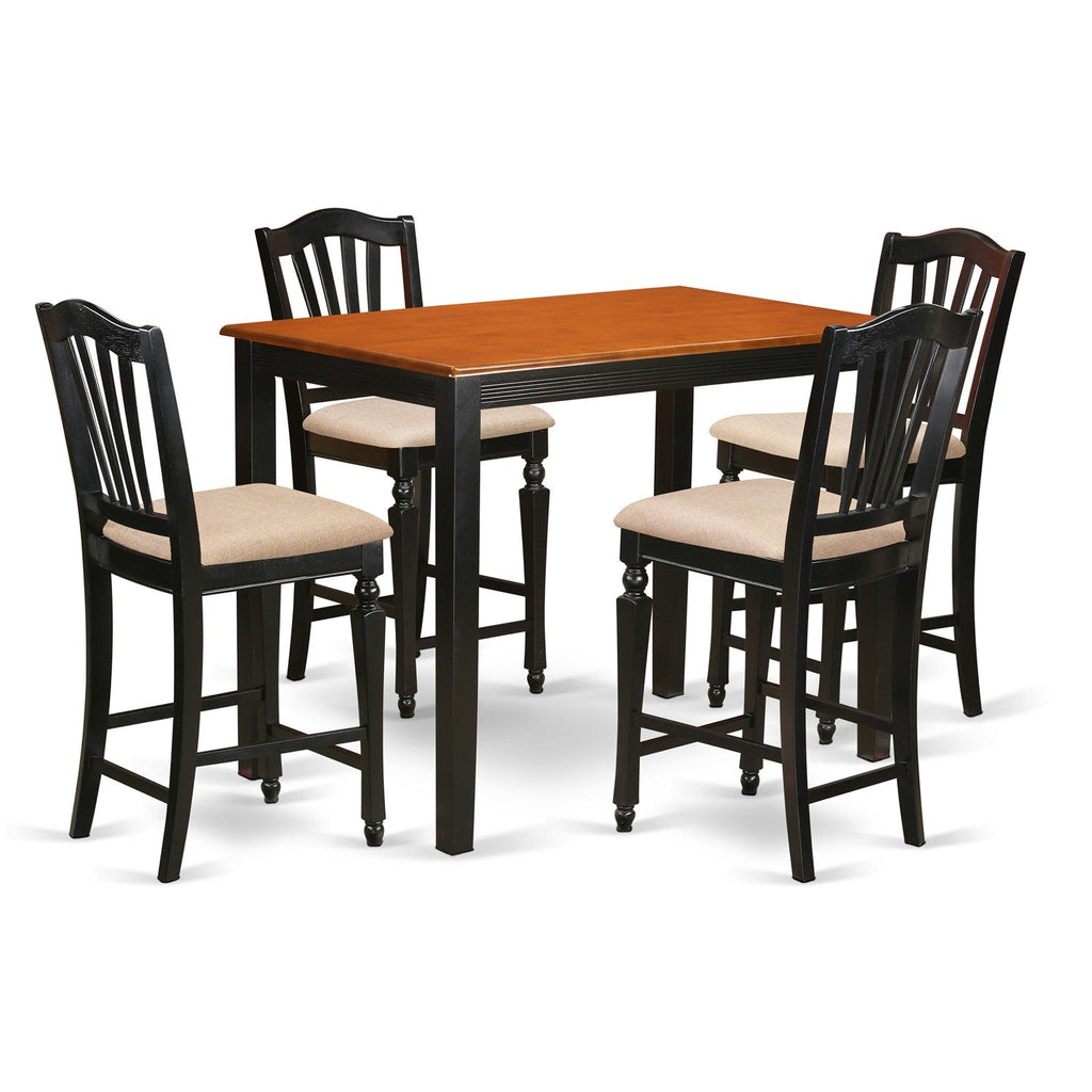 Juego de mesa de comedor de 5 piezas East West Furniture YACH5-BLK-C con altura de mostrador para cocina. Incluye una mesa de comedor rectangular y 4 sillas tapizadas en tela de lino.
