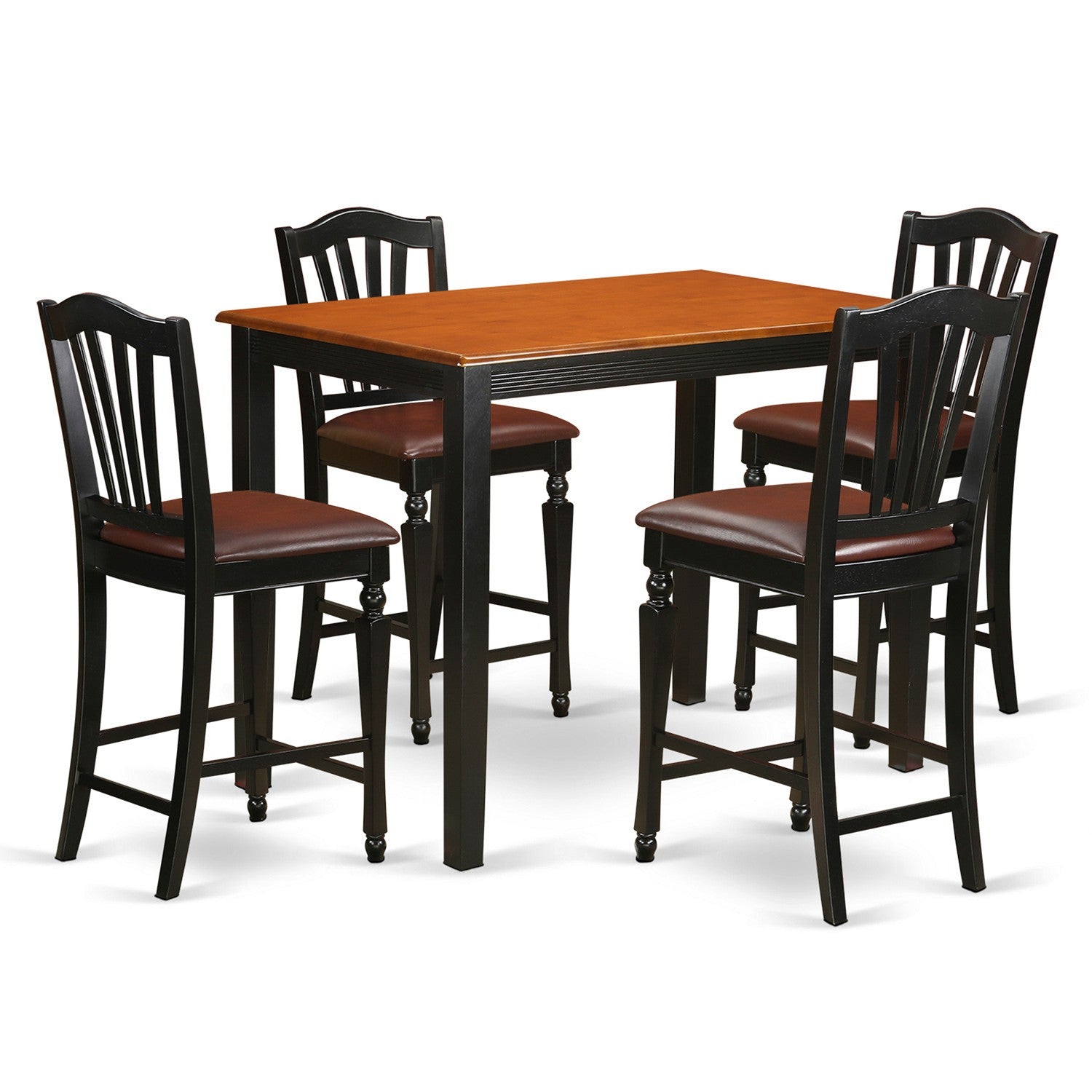 El juego de pub de 5 piezas con altura de mostrador YACH5-BLK-LC de East West Furniture incluye una mesa de comedor rectangular y 4 sillas de cocina tapizadas en piel sintética.
