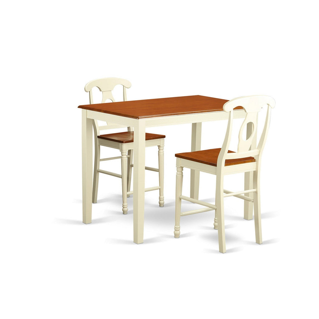 East West Furniture YAKE3-WHI-W 3 Piece Kitchen Counter Height Dining Table Set  Contains a Rectangle Dining Room Table and 2 Wooden Seat Chairs