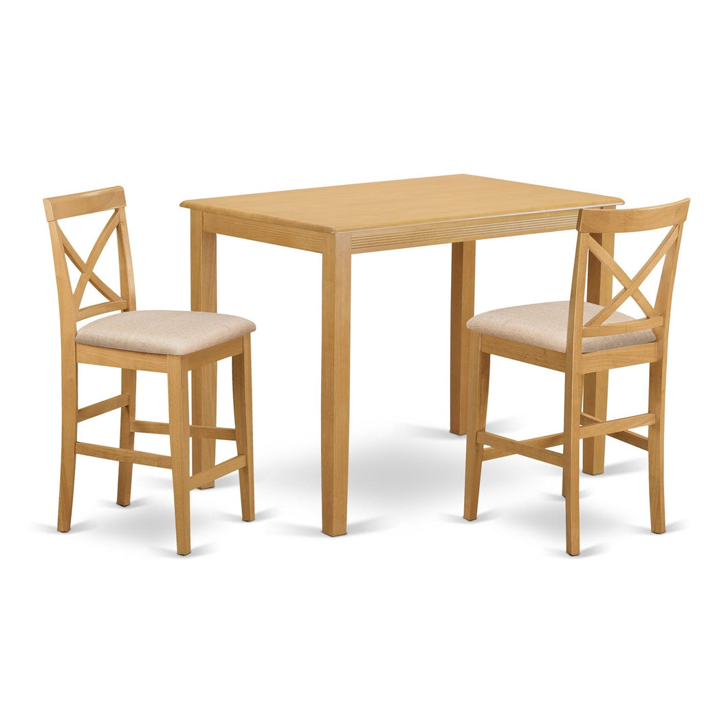 East West Furniture YAPB3-OAK-C 3 Piece Kitchen Counter Set for Small Spaces Contains a Rectangle Dining Room Table and 2 Linen Fabric Upholstered Dining Chairs, 30x48 Inch, Oak