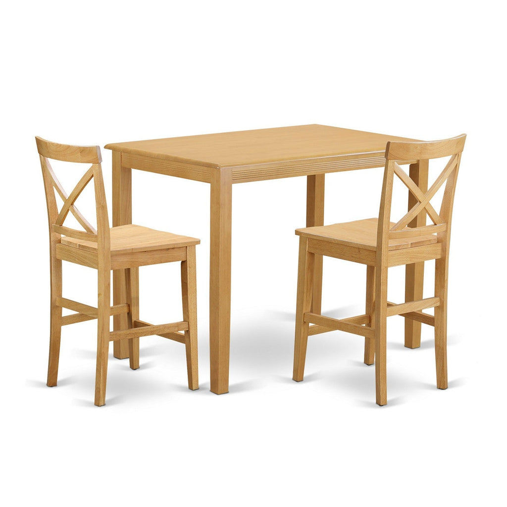 East West Furniture YAPB3-OAK-W 3 Piece Kitchen Counter Height Dining Table Set  Contains a Rectangle Dining Room Table and 2 Wooden Seat Chairs, 30x48 Inch, Oak