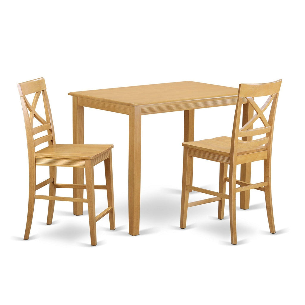 East West Furniture YAQU3-OAK-W 3 Piece Counter Height Dining Table Set Contains a Rectangle Wooden Table and 2 Kitchen Dining Chairs, 30x48 Inch, Oak